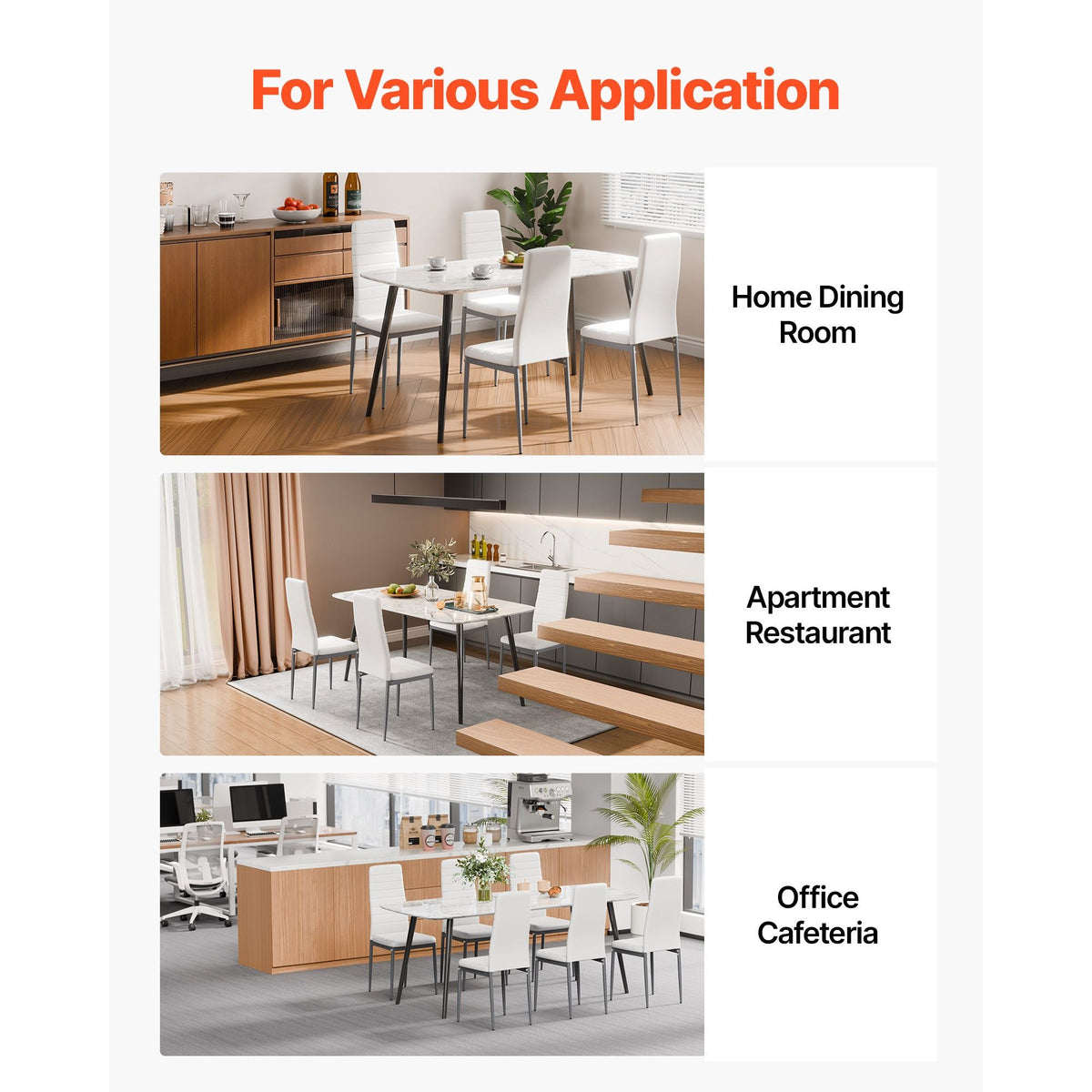 Modern Dining Room Accent Chairs Set of 6, Upholstered Leather Side Chair for Dining Tables, Space-Saving Kitchen Table Chair with Thick Cushions and Metal Legs, White