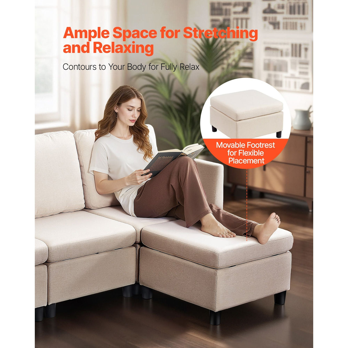 Modular Sectional Sofa, 3-Seater Modular Sofa with Hidden Storage, Cloud Sectional Couch with Ottoman & High Rebound Sponge, Solid Wood Frame Upholstered Couch for Living Room, Bedroom, Beige
