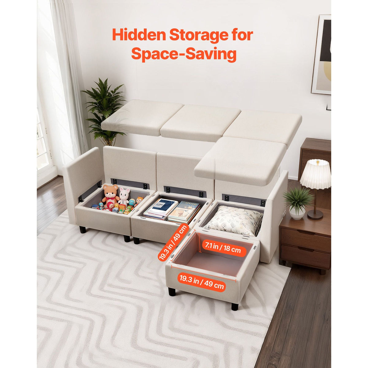 Modular Sectional Sofa, 3-Seater Modular Sofa with Hidden Storage, Cloud Sectional Couch with Ottoman & High Rebound Sponge, Solid Wood Frame Upholstered Couch for Living Room, Bedroom, Beige
