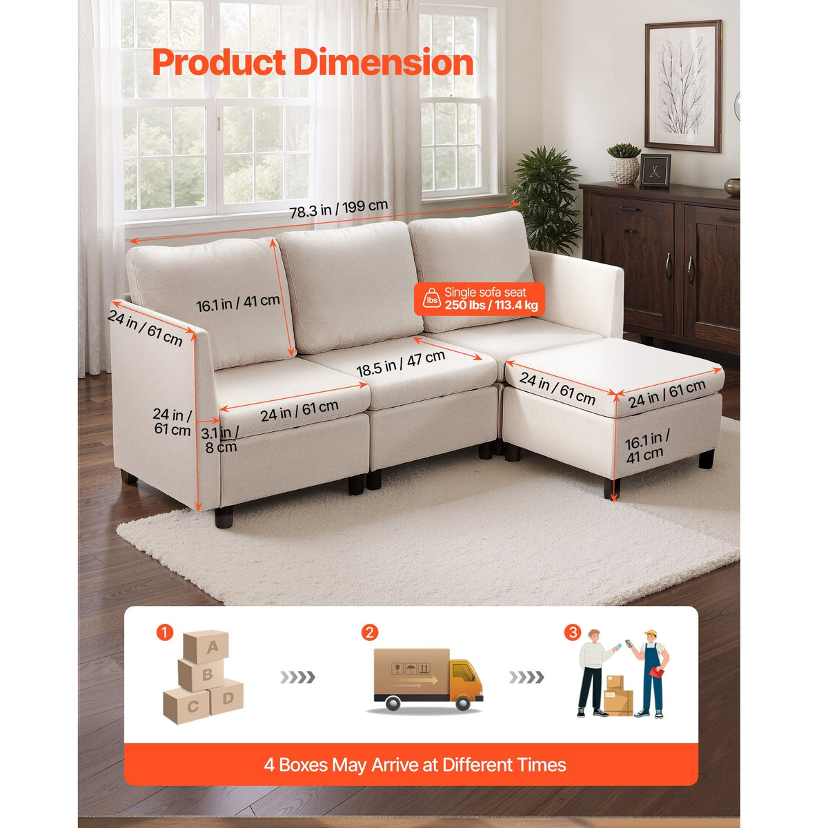 Modular Sectional Sofa, 3-Seater Modular Sofa with Hidden Storage, Cloud Sectional Couch with Ottoman & High Rebound Sponge, Solid Wood Frame Upholstered Couch for Living Room, Bedroom, Beige