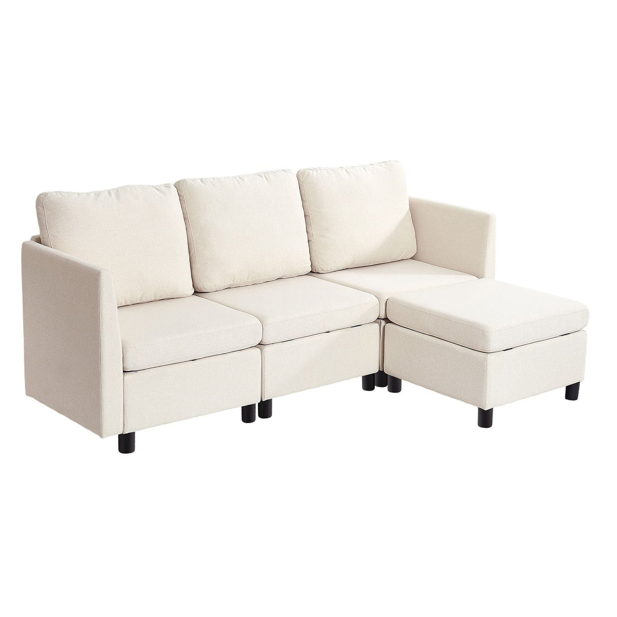 Modular Sectional Sofa, 3-Seater Modular Sofa with Hidden Storage, Cloud Sectional Couch with Ottoman & High Rebound Sponge, Solid Wood Frame Upholstered Couch for Living Room, Bedroom, Beige