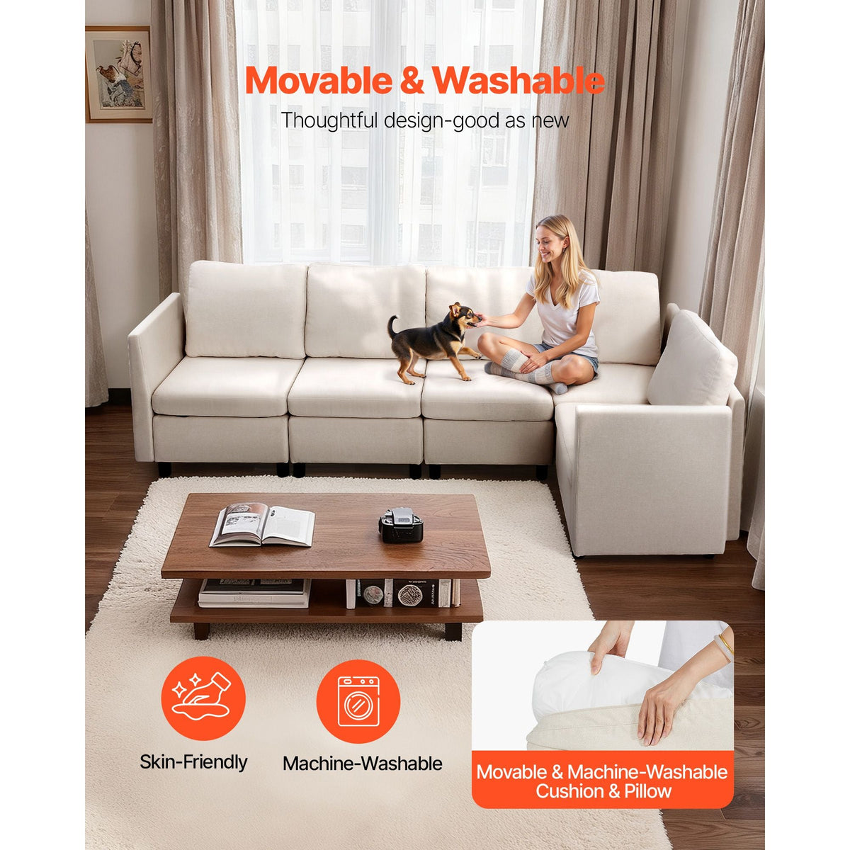 Modular Sectional Sofa, Modern 5-Seater Modular Sofa with Hidden Storage, Cloud Sectional Couch with High Rebound Sponge, Solid Wood Frame Upholstered Comfy Couch for Living Room, Bedroom, Beige