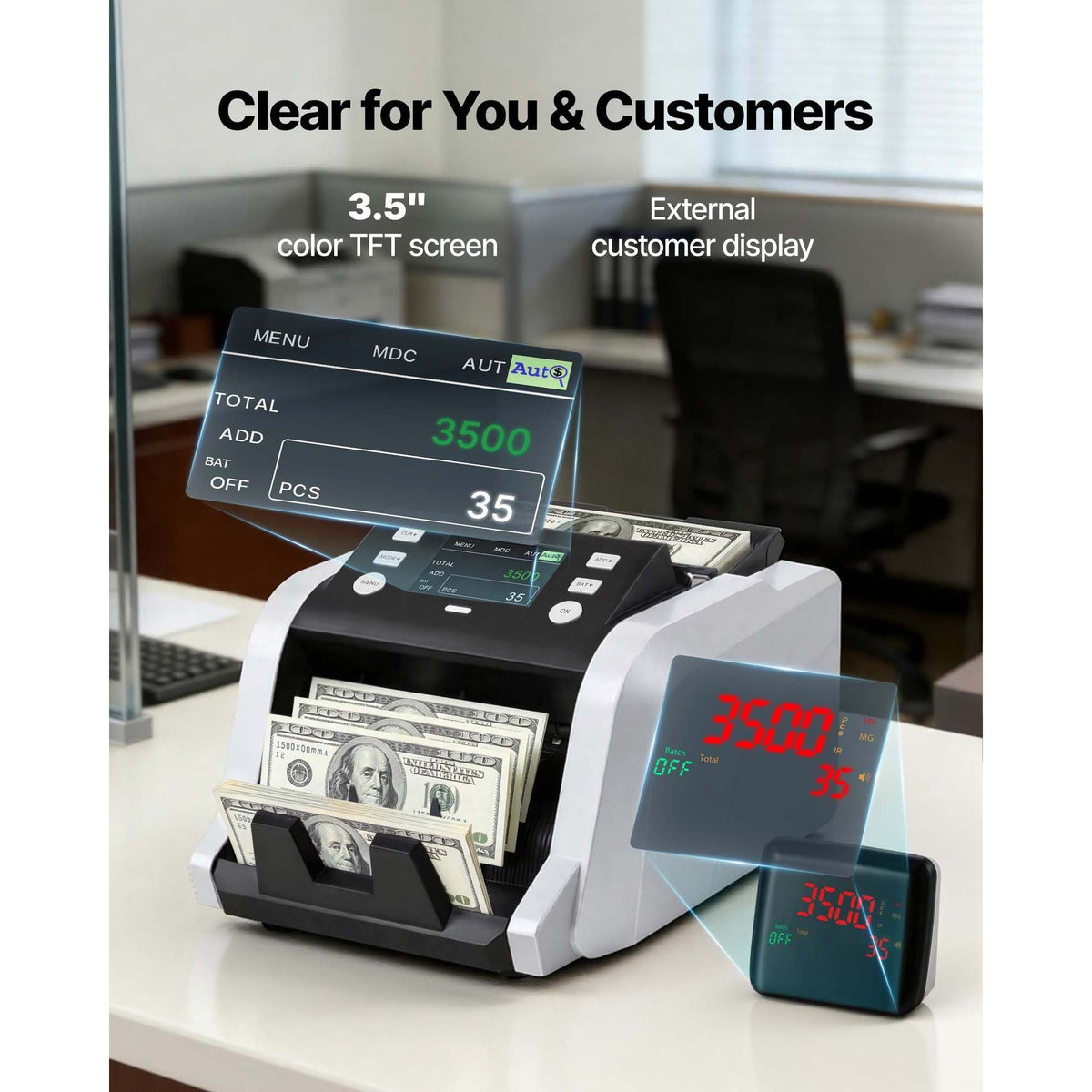 Money Counter Machine, 1200 Notes/Minute, Cash Counter with Value Count, UV/MG/IR/DD/DBL/HLF/CHN Counterfeit Detection, TFT Display, Money Counting Machine Mixed Denomination for Dollar and Euro