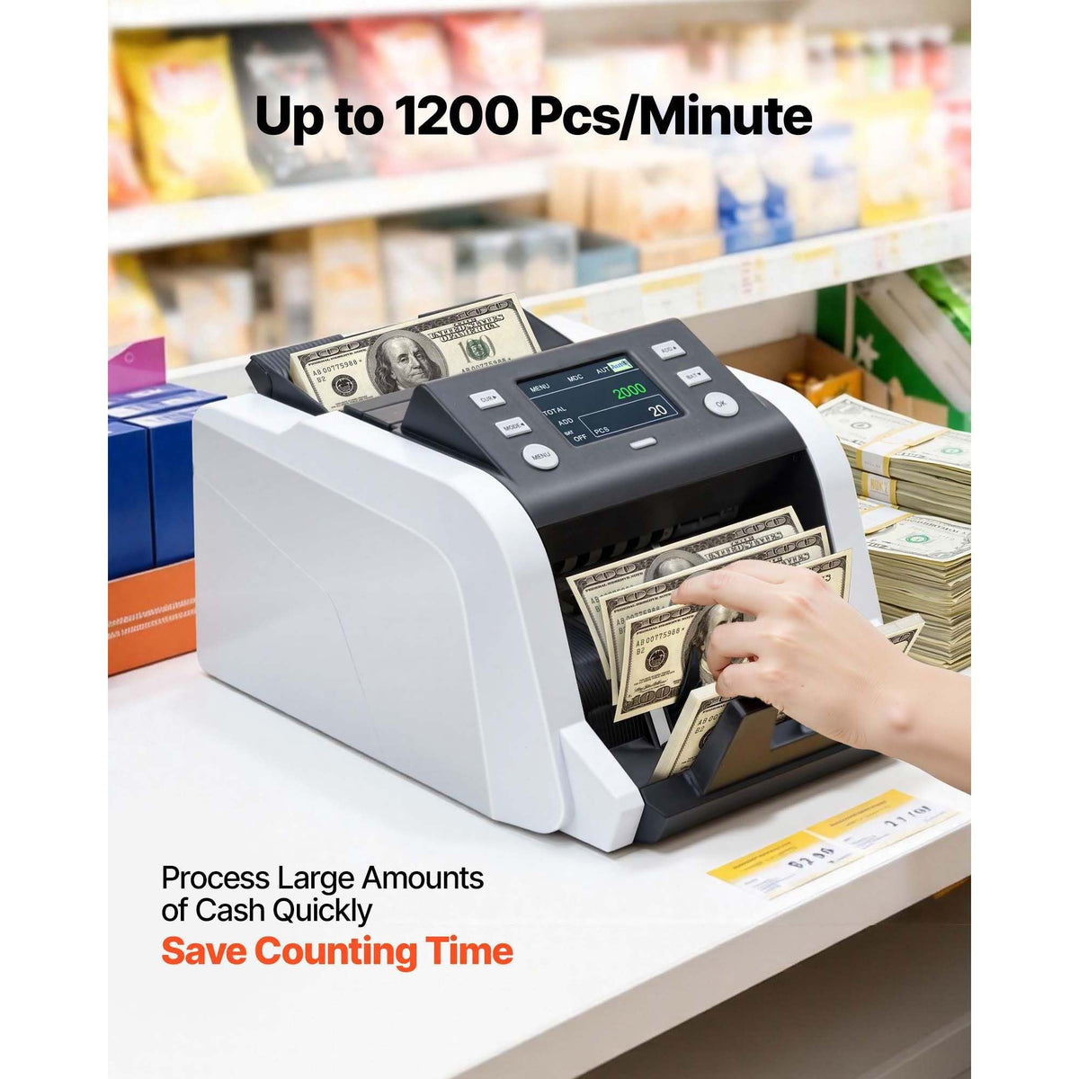 Money Counter Machine, 1200 Notes/Minute, Cash Counter with Value Count, UV/MG/IR/DD/DBL/HLF/CHN Counterfeit Detection, TFT Display, Money Counting Machine Mixed Denomination for Dollar and Euro