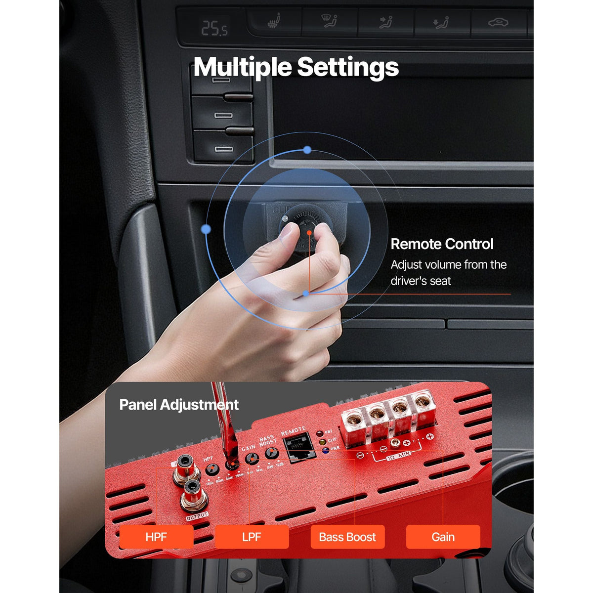Monoblock Car Amplifier, 2000W RMS MAX, 1/2/4 Ohm Stable, 1-Channel Class D Car Audio Amplifier with Remote Subwoofer Level Control, Low Pass Filter and Bass Boost, Volume Controller Included