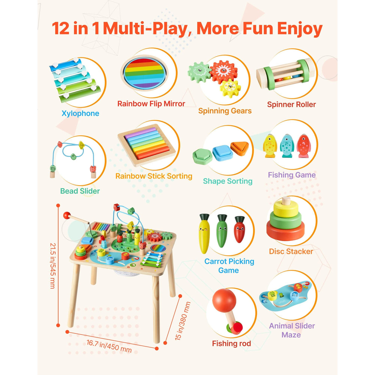Montessori Activity Table for Toddler 1-3 Years Old, 13 in 1 Wooden Learn Activity Desk, Baby Play Table for Boys & Girls Aged 6+ Months, Great Birthday, Christmas, Children's Day Present