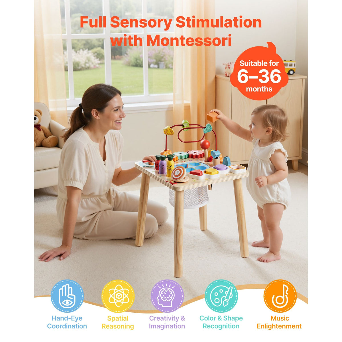 Montessori Activity Table for Toddler 1-3 Years Old, 8 in 1 Wooden Learn Activity Desk, Baby Play Table for Boys & Girls Aged 6+ Months, Great Birthday, Christmas, Children's Day Present
