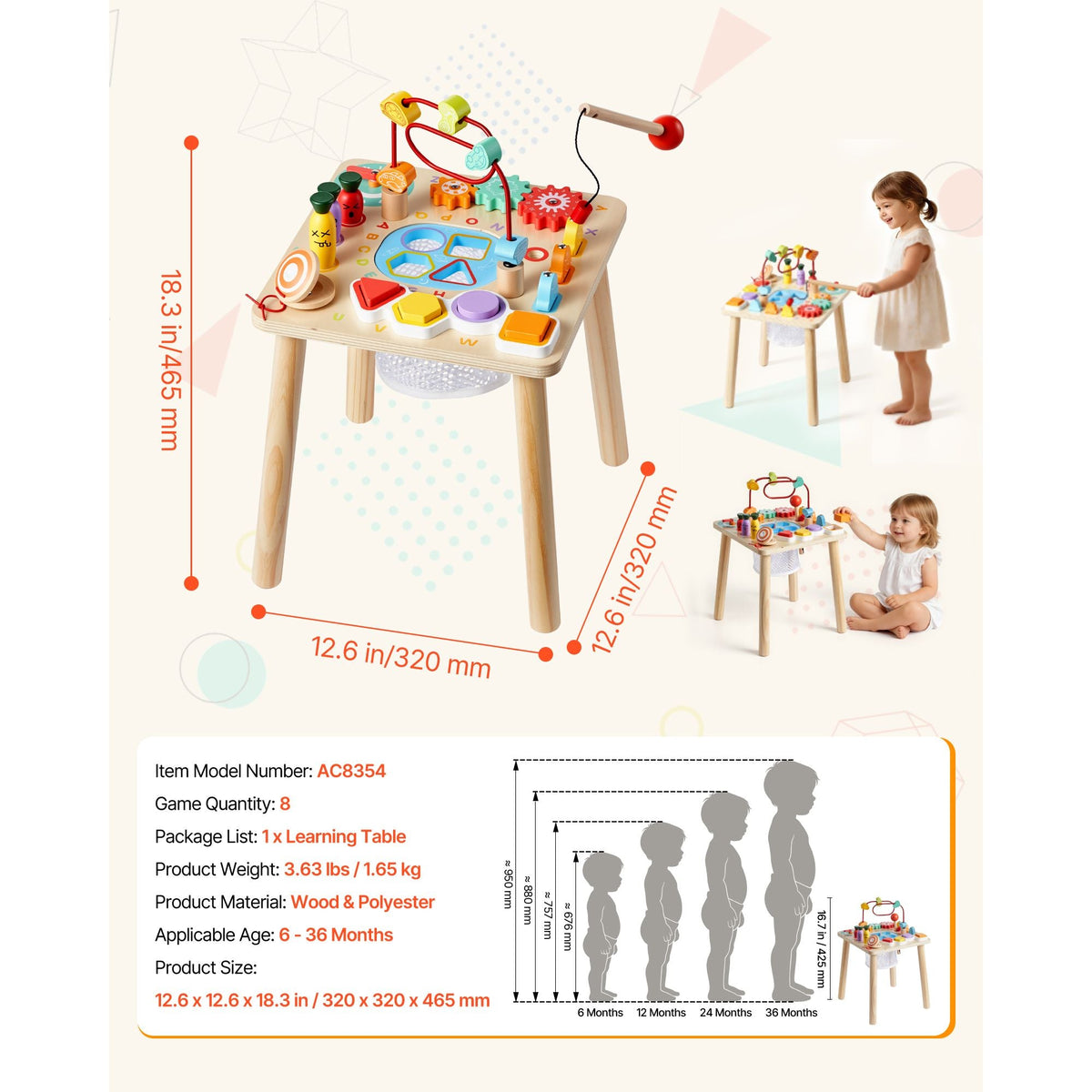 Montessori Activity Table for Toddler 1-3 Years Old, 8 in 1 Wooden Learn Activity Desk, Baby Play Table for Boys & Girls Aged 6+ Months, Great Birthday, Christmas, Children's Day Present