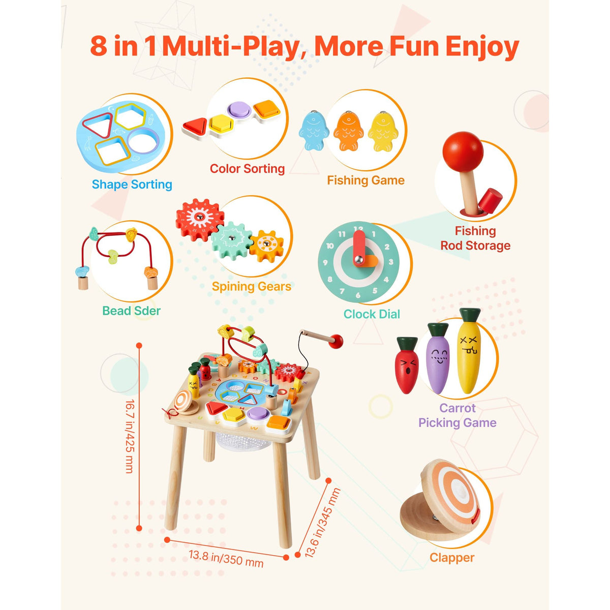 Montessori Activity Table for Toddler 1-3 Years Old, 8 in 1 Wooden Learn Activity Desk, Baby Play Table for Boys & Girls Aged 6+ Months, Great Birthday, Christmas, Children's Day Present