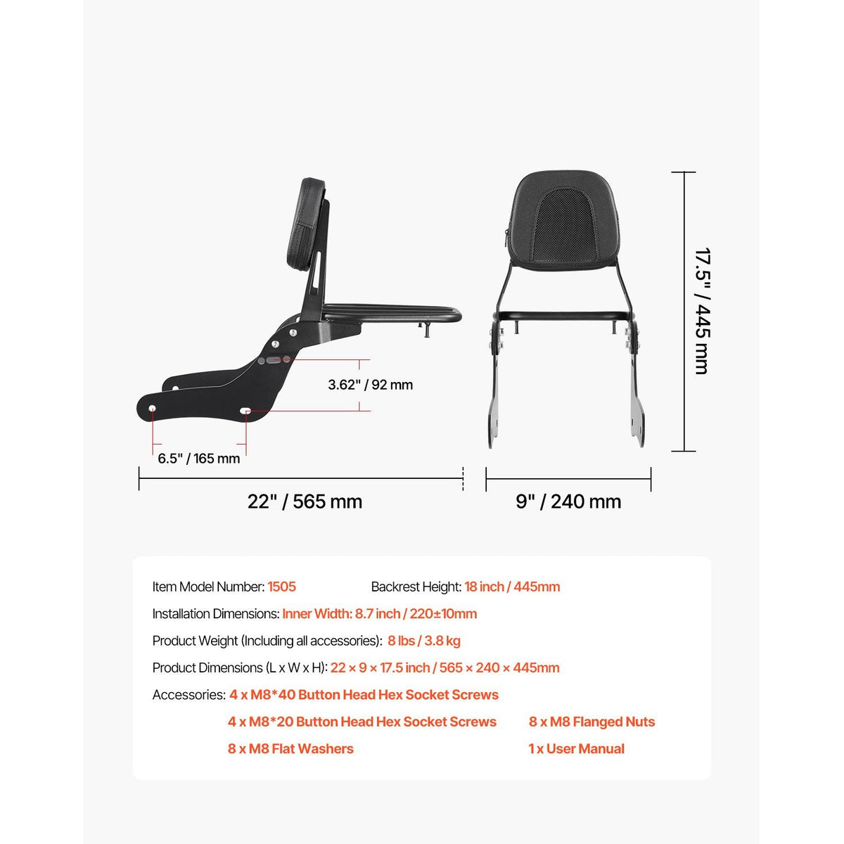 Motorcycle Backrest Sissy Bar with Luggage Rack, Compatible with Honda Rebel CMX 1100 2021-2022, 18-Inch Height, Removable Passenger Backrest, Durable Metal Frame with Leather Pad, Black