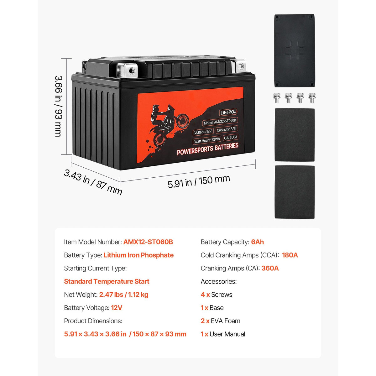 Motorcycle Battery, 12 Volt 6Ah, LiFePO4 Lithium Pre-Charged Powersports Battery, Maintenance Free & High Performance, Compatible with ATV, Motorcycle, Jet Skis, Scooter, UTV, and More