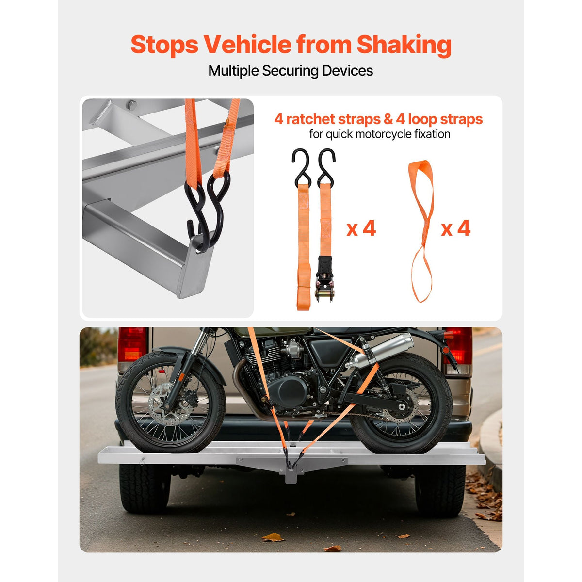 Motorcycle Carrier, 400 lbs Capacity, Heavy Duty Aluminum Hitch Mount Rack with 73in Loading Ramp, Straps & Stabilizer, Scooter Dirt Bike Trailer Hauler for Car Truck with 2-Inch Hitch Receiver