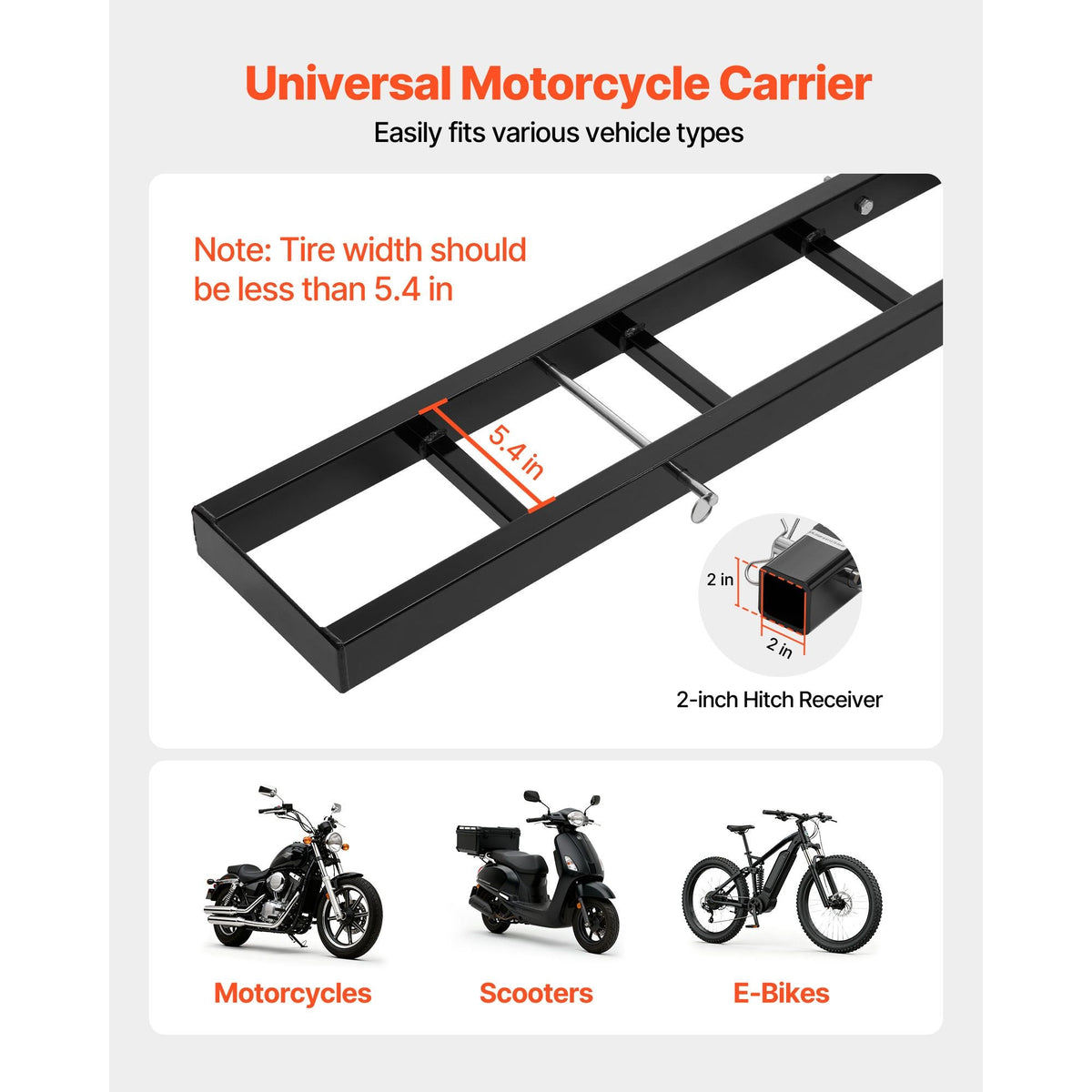Motorcycle Carrier, 500 lbs Capacity, Heavy Duty Steel Hitch Mount Rack with 47in Ramp, Ratchet Straps & Stabilizer, Scooter Dirt Bike Trailer Hauler for Car Truck with 2-Inch Hitch Receiver