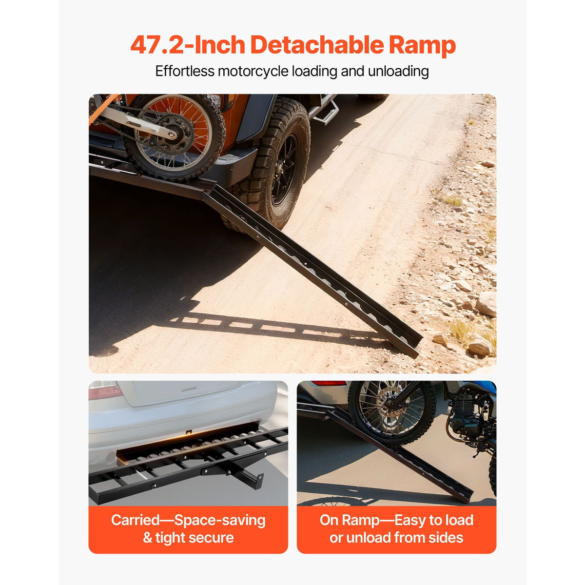 Motorcycle Carrier, 500 lbs Capacity, Heavy Duty Steel Hitch Mount Rack with 47in Ramp, Ratchet Straps & Stabilizer, Scooter Dirt Bike Trailer Hauler for Car Truck with 2-Inch Hitch Receiver