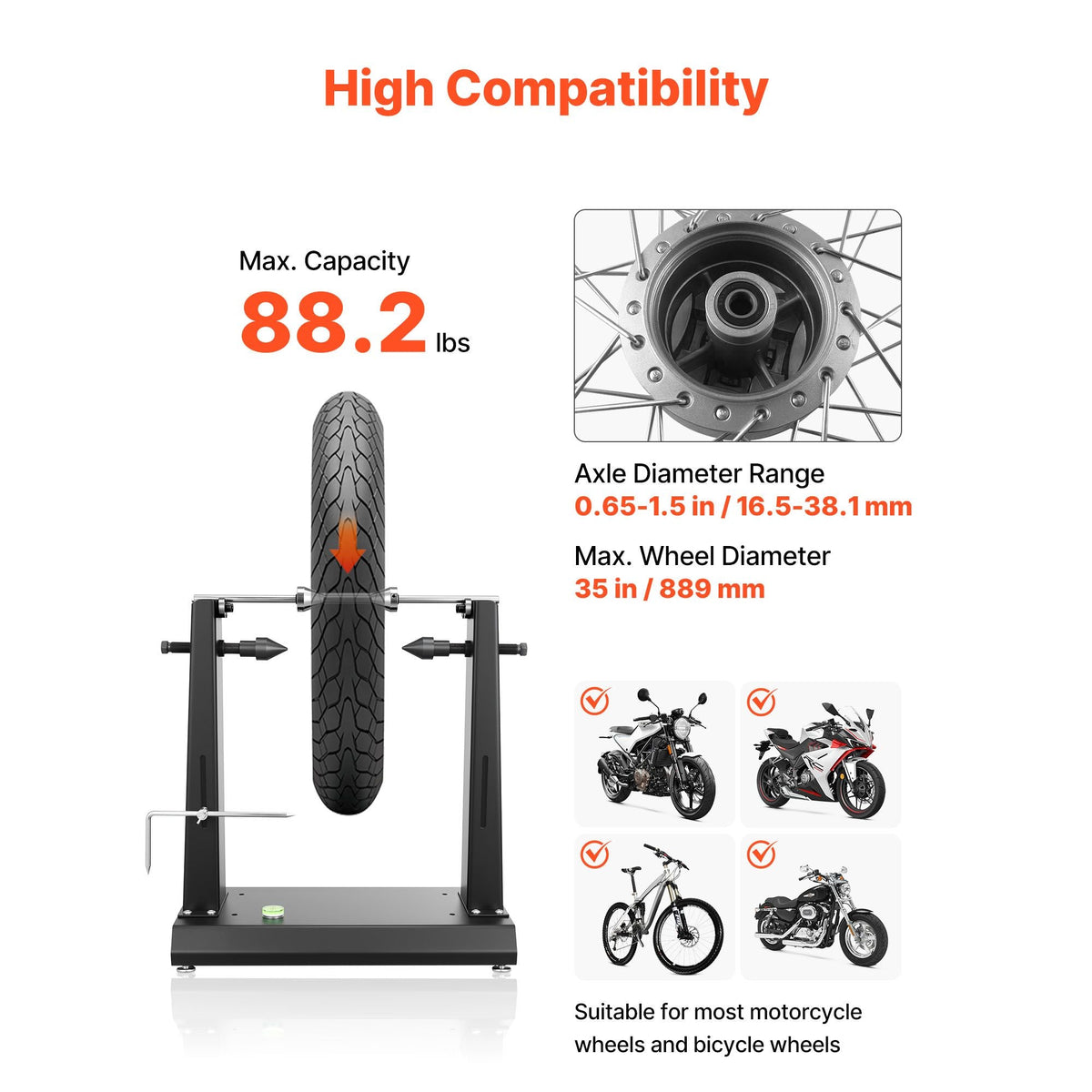 Motorcycle Wheel Balancer, 88.2 lbs Capacity, Tire Balancer & Truing Stand with Adjustable Centering Cones and Truing Pointer, Balancing Tools for Most Motorcycles & Bicycles, 35-Inch Wheel Dia