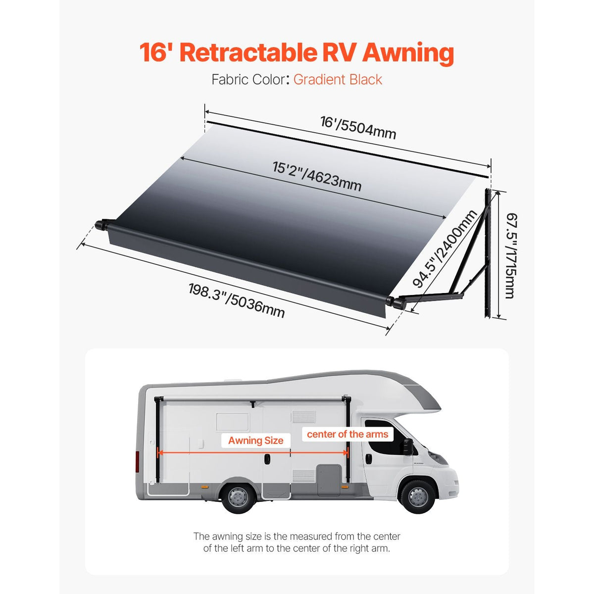 Motorized RV Awning Complete Kit, 16' Retractable Awning with Aluminum Alloy Frame, Outdoor Trailer Awning, Fit for Most RVs(Black Fade)