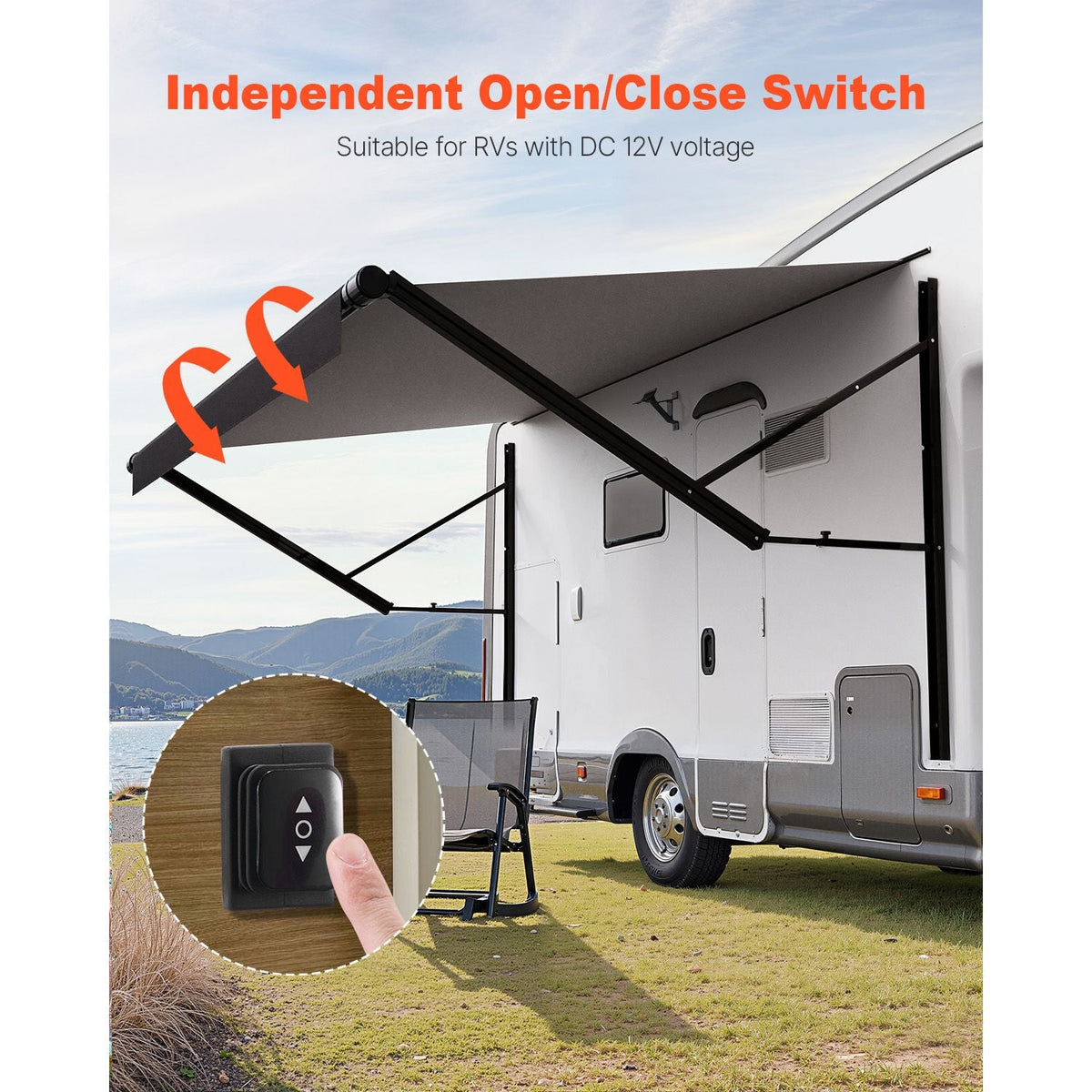 Motorized RV Awning Complete Kit, 19' Retractable Awning with Aluminum Alloy Frame, Outdoor Trailer Awning, Fit for Most RVs(Black Fade)