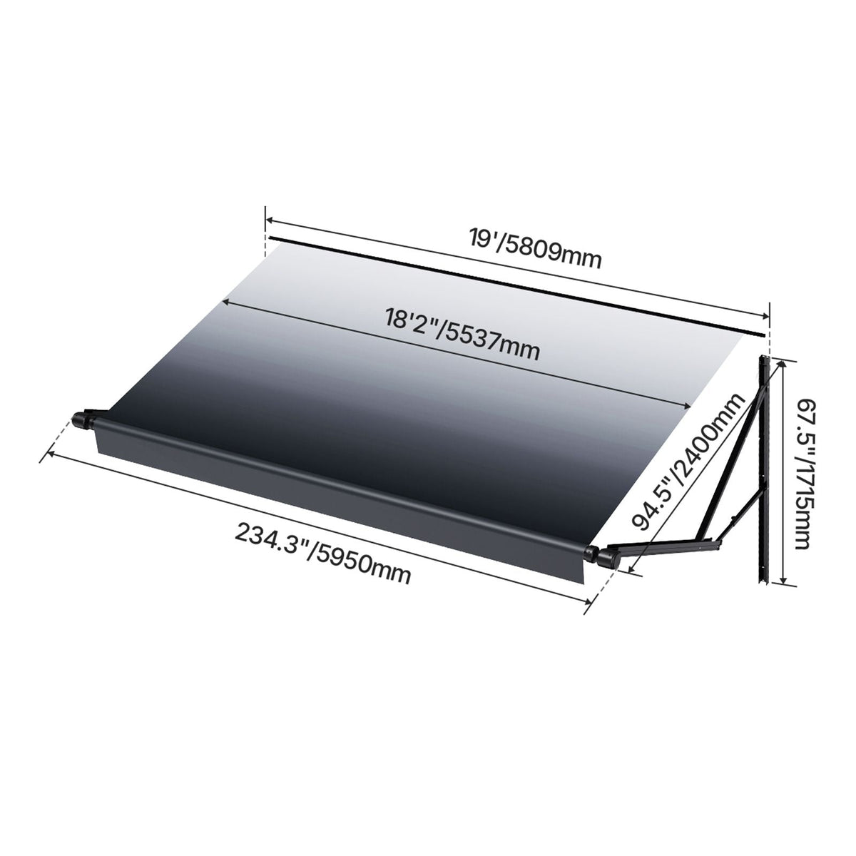 Motorized RV Awning Complete Kit, 19' Retractable Awning with Aluminum Alloy Frame, Outdoor Trailer Awning, Fit for Most RVs(Black Fade)