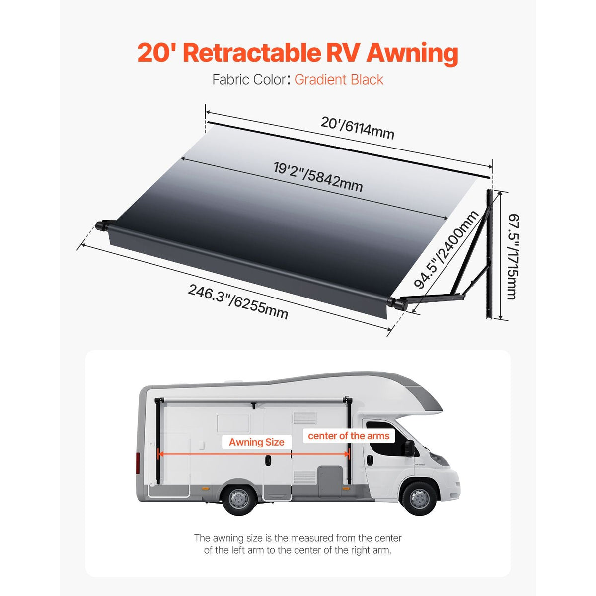 Motorized RV Awning Complete Kit, 20' Retractable Awning with Aluminum Alloy Frame, Outdoor Trailer Awning, Fit for Most RVs(Black Fade)