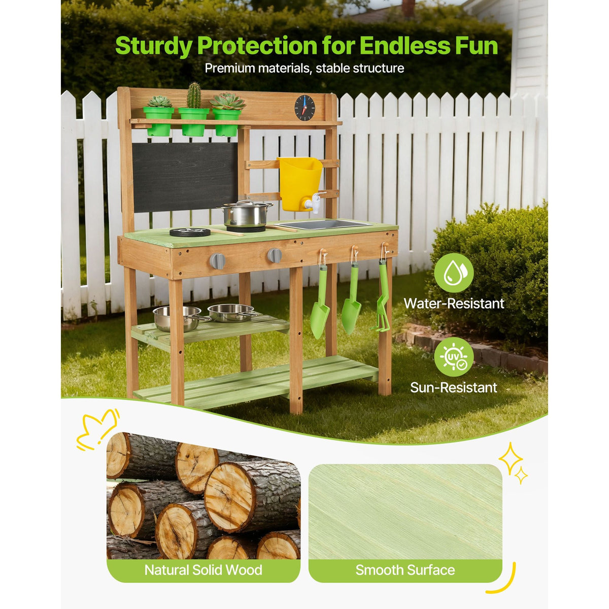 Mud Kitchen, Outdoor Mud Kitchen for Kids, Wood Outdoor Play Kitchens with Stoves, Tank, Sink, Planting Shovels, Spatulas, Box, Cookware Pots and Accessories, Wooden Play Kitchens for Home, Lawn