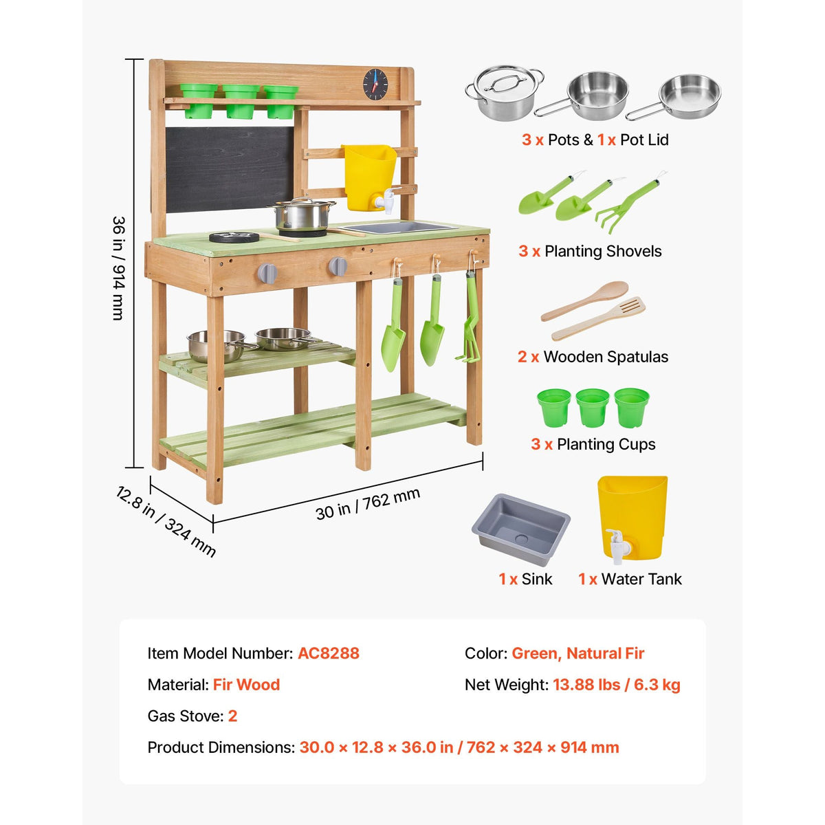Mud Kitchen, Outdoor Mud Kitchen for Kids, Wood Outdoor Play Kitchens with Stoves, Tank, Sink, Planting Shovels, Spatulas, Box, Cookware Pots and Accessories, Wooden Play Kitchens for Home, Lawn