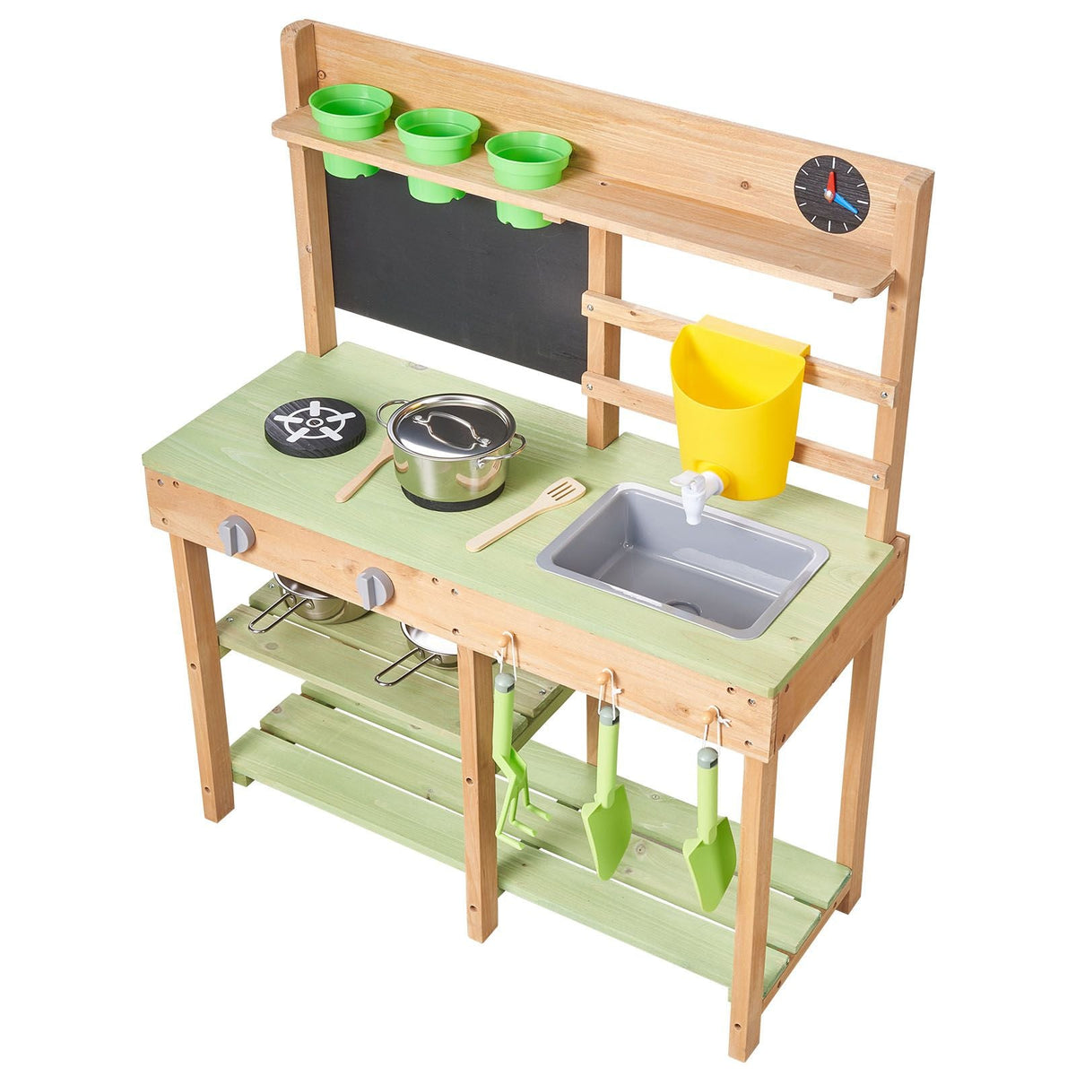 Mud Kitchen, Outdoor Mud Kitchen for Kids, Wood Outdoor Play Kitchens with Stoves, Tank, Sink, Planting Shovels, Spatulas, Box, Cookware Pots and Accessories, Wooden Play Kitchens for Home, Lawn