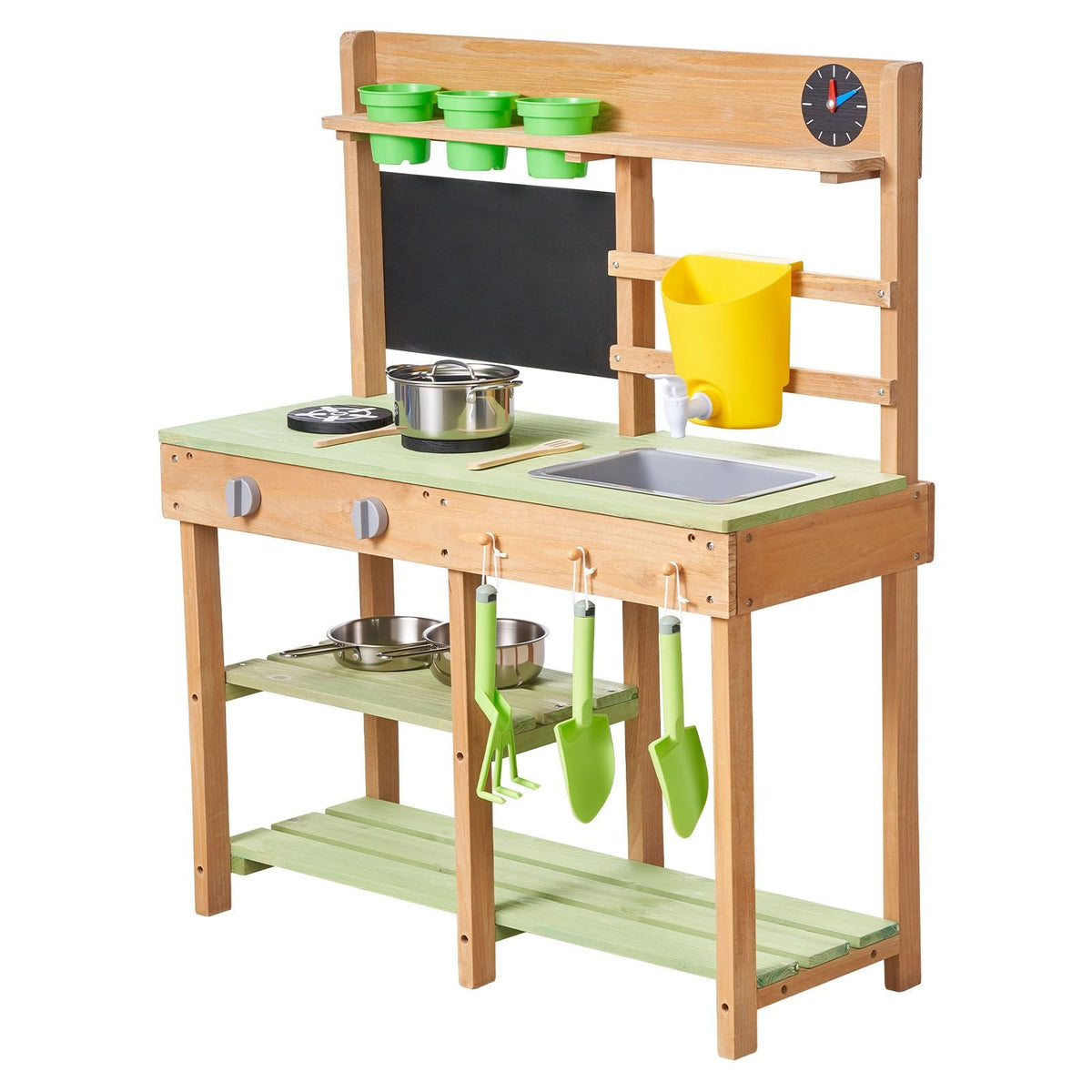 Mud Kitchen, Outdoor Mud Kitchen for Kids, Wood Outdoor Play Kitchens with Stoves, Tank, Sink, Planting Shovels, Spatulas, Box, Cookware Pots and Accessories, Wooden Play Kitchens for Home, Lawn