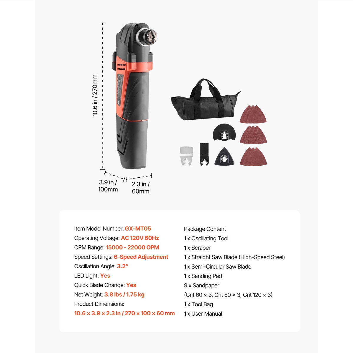 Multitool Oscillating Tool, 3Amps Corded Oscillating Multi Tool with 6 Variable Speeds 15000 - 22000 OPM, 3.2° Oscillating Angle, 13PCS Saw Accessories, LED Work Light & Tool Bag