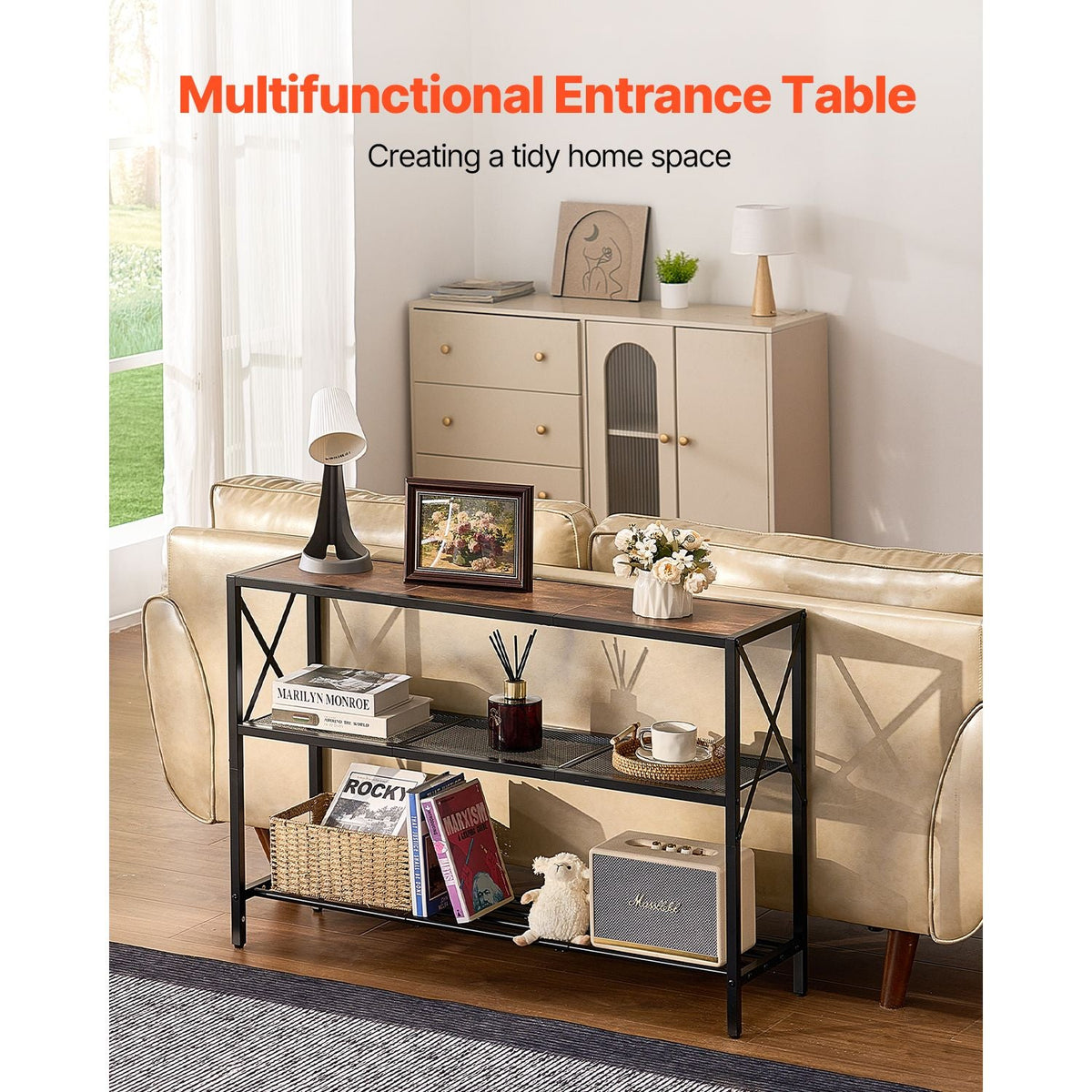 Narrow Console Sofa Table, 41.7 inches Behind Couch Table, 3-Tier Long Entryway Table and Skinny Hallway Table, Narrow Sofa Table with Metal Frame, for Entryway, Hallway, Living Room & Bedroom