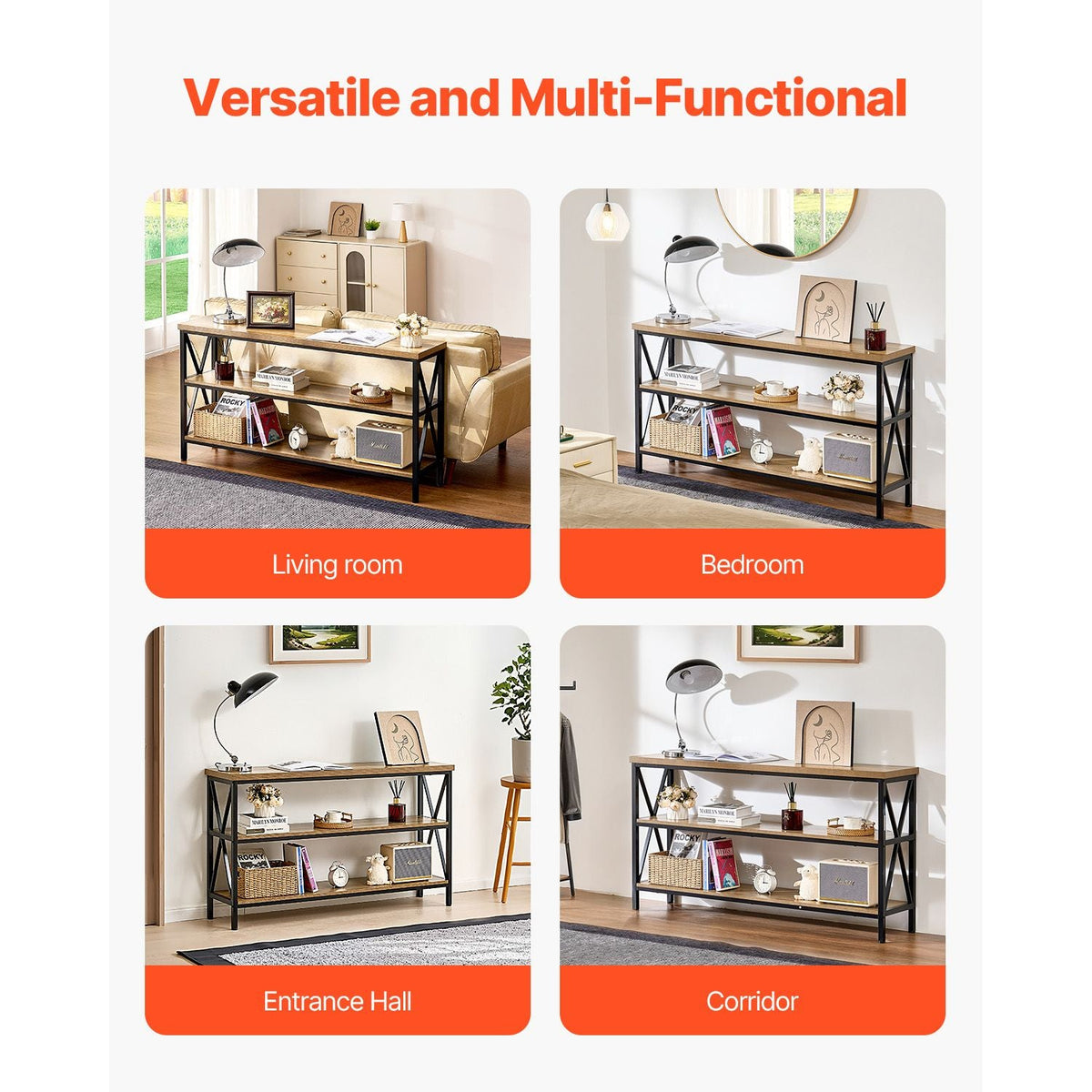 Narrow Console Sofa Table, 55.1 inches Behind Couch Table, 3-Tier Long Entryway Table and Skinny Hallway Table, Narrow Sofa Table with Metal Frame, for Entryway, Hallway, Living Room & Bedroom