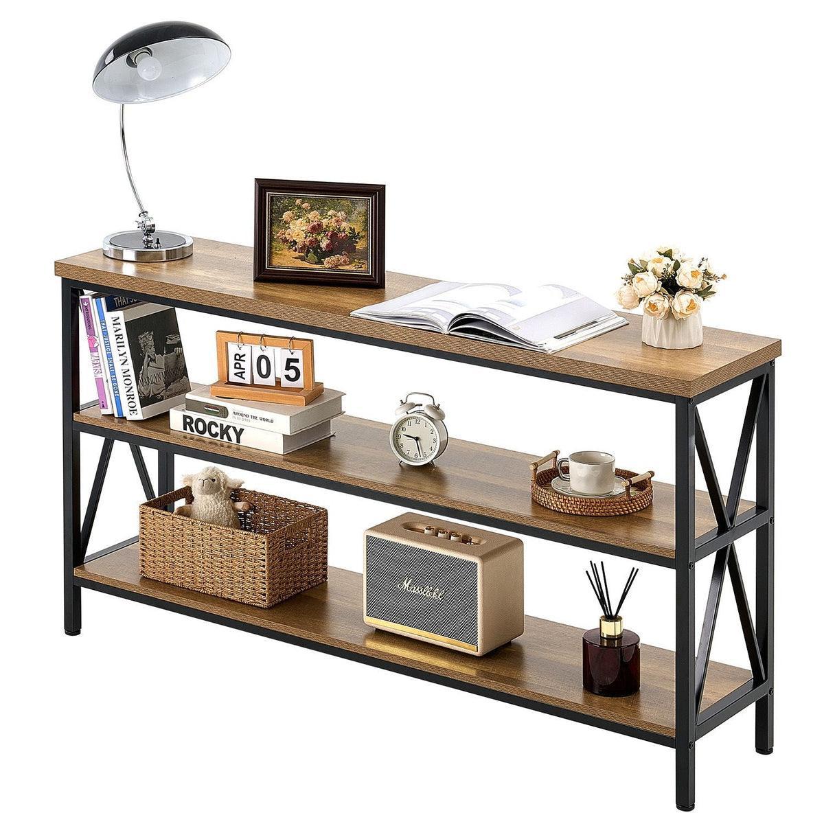 Narrow Console Sofa Table, 55.1 inches Behind Couch Table, 3-Tier Long Entryway Table and Skinny Hallway Table, Narrow Sofa Table with Metal Frame, for Entryway, Hallway, Living Room & Bedroom