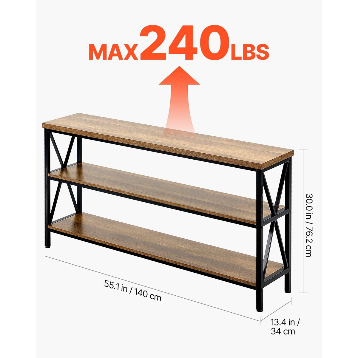 Narrow Console Sofa Table, 55.1 inches Behind Couch Table, 3-Tier Long Entryway Table and Skinny Hallway Table, Narrow Sofa Table with Metal Frame, for Entryway, Hallway, Living Room & Bedroom
