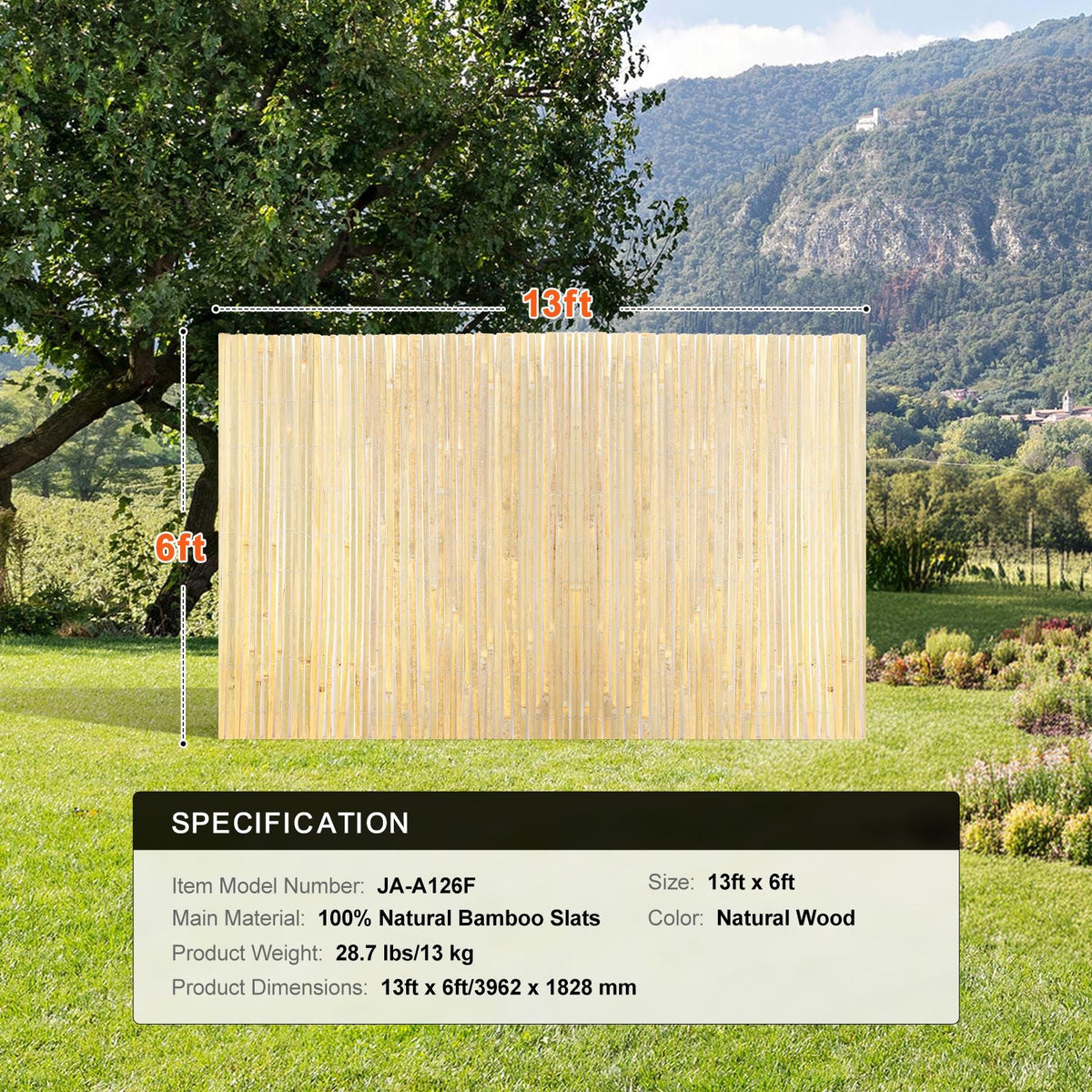 Natural Bamboo Fence Privacy Screen, Eco-Friendly Privacy Bamboo Slat Fence, 6 ft H x 13 ft L Decorative Bamboo Screen Panel, for Garden, Backyard, Balcony, Patio, Pool Side