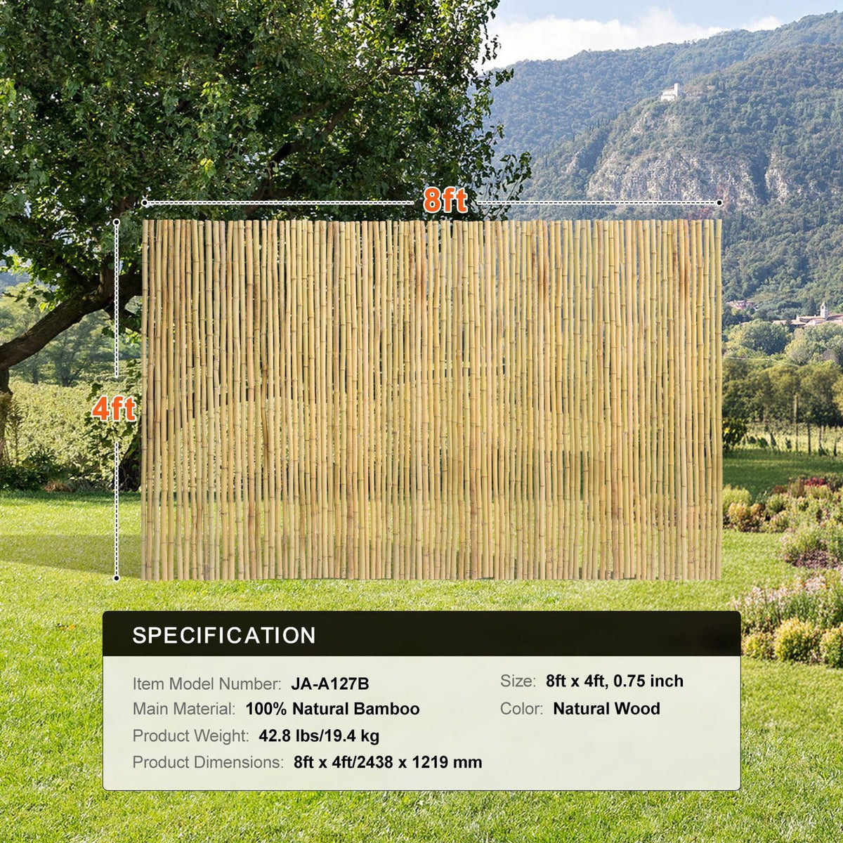 Natural Rolled Bamboo Fence, Eco-Friendly Bamboo Privacy Fence 4 ft H x 8 ft L x 0.75 in D. , Decorative Bamboo Privacy Screen for Garden, Backyard, Balcony, Patio, Pool Side