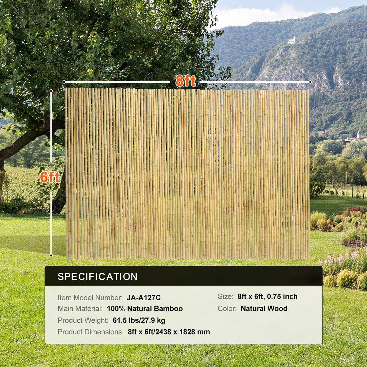 Natural Rolled Bamboo Fence, Eco-Friendly Bamboo Privacy Fence 6 ft H x 8 ft L x 0.75 in D. , Decorative Bamboo Privacy Screen for Garden, Backyard, Balcony, Patio, Pool Side