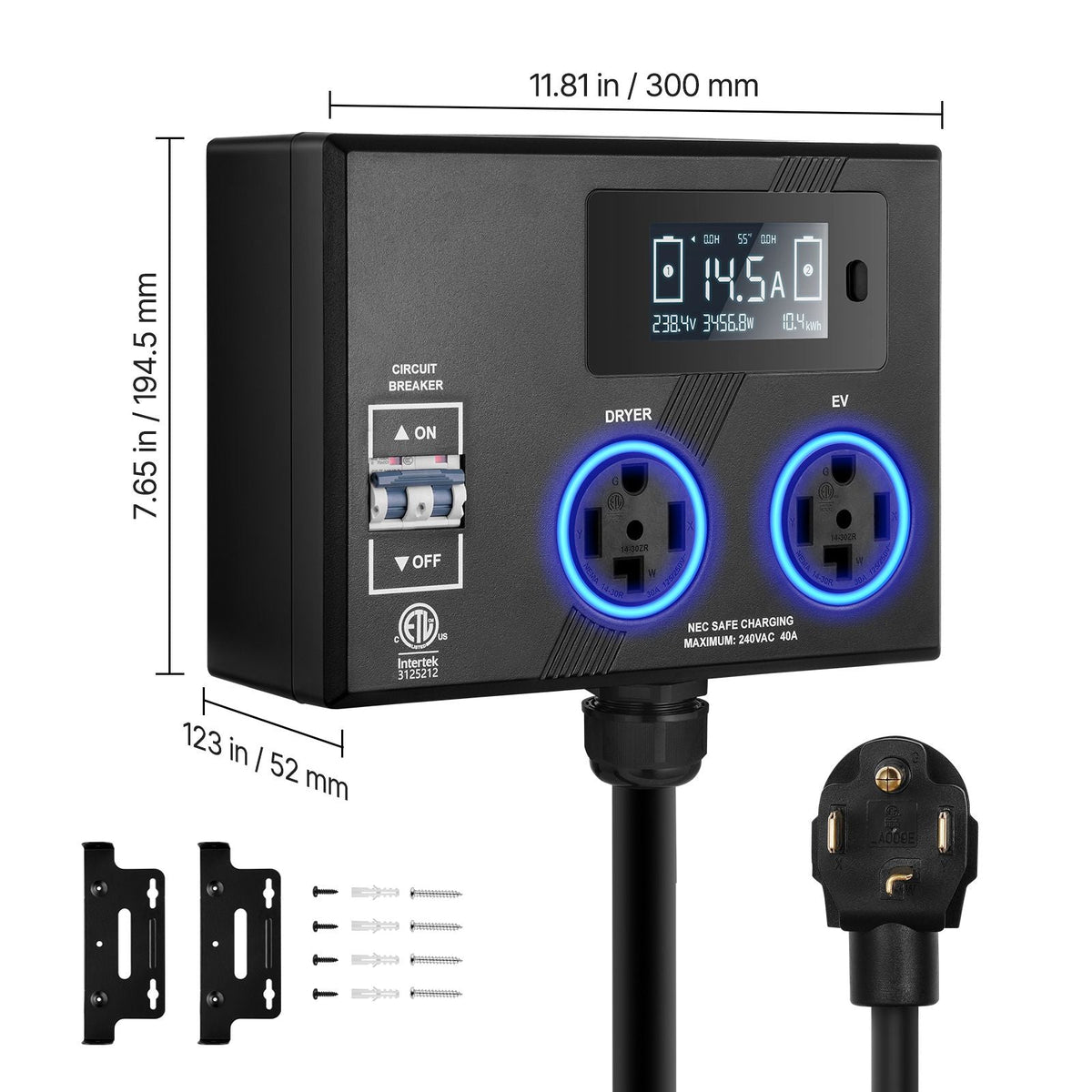NEMA Splitter for Dryer and EV, 3-Color LED Indicator, 240V Smart Power Distribution, With NEMA 14-30 Plug, Two NEMA 14-30 Outlets, 3.4 in LCD Screen, Max 24A Dryer EV, Tested to ETL Standard