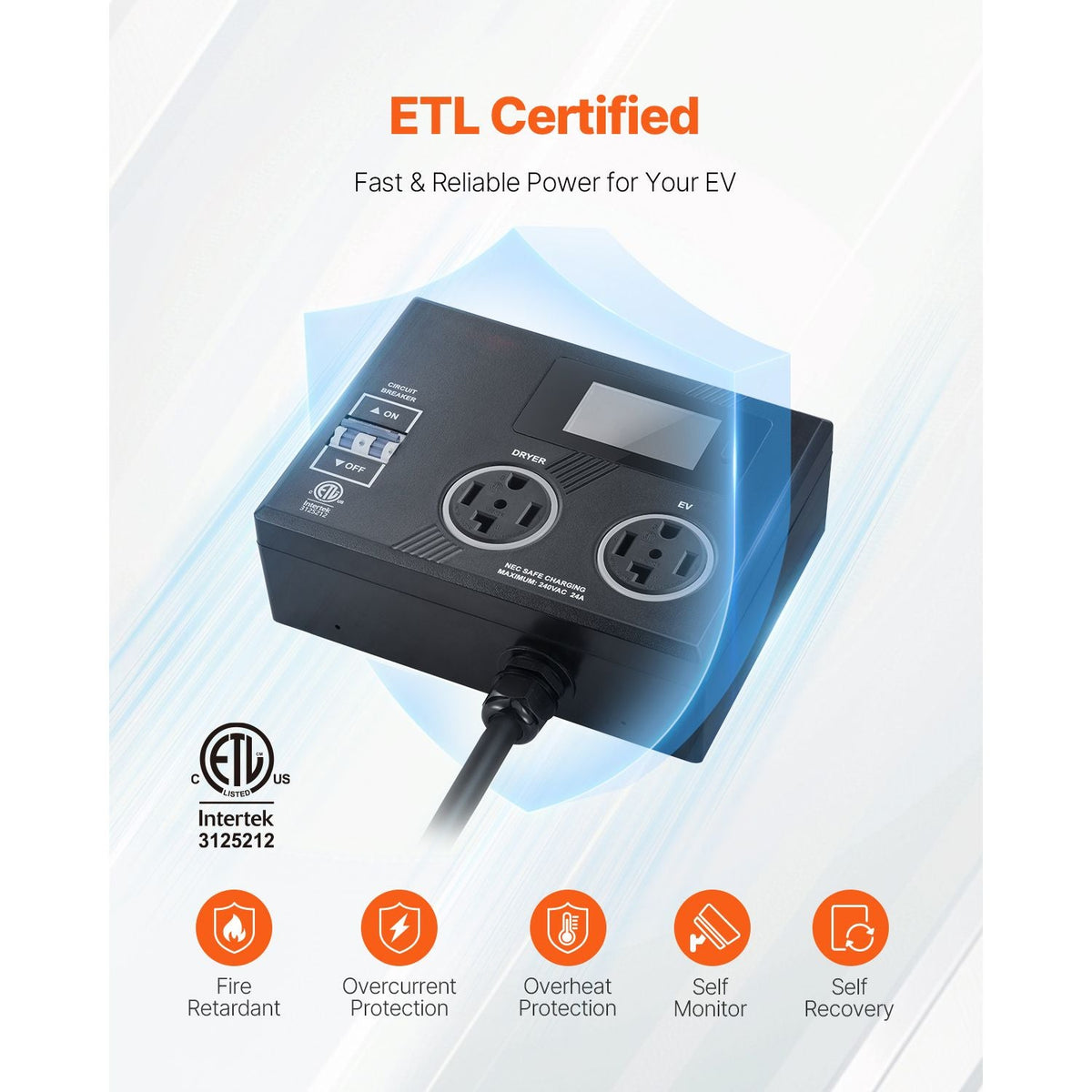 NEMA Splitter for Dryer and EV, 3-Color LED Indicator, 240V Smart Power Distribution, With NEMA 14-30 Plug, Two NEMA 14-30 Outlets, 3.4 in LCD Screen, Max 24A Dryer EV, Tested to ETL Standard