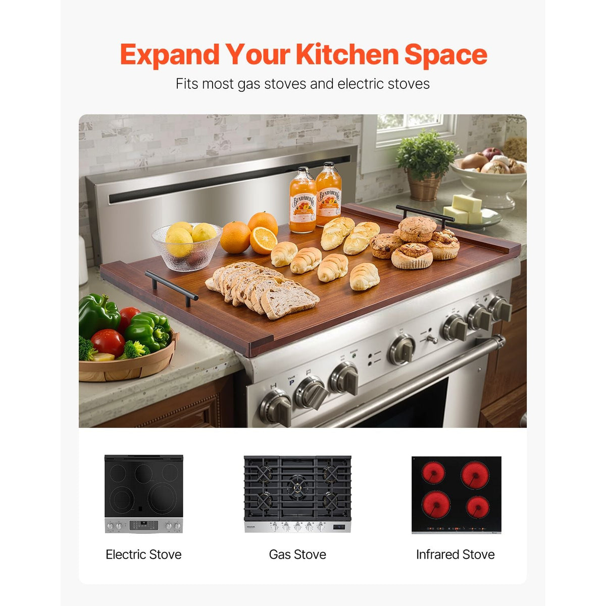 Noodle Board Stove Cover, Stove Top Cover Board for Gas Burner & Electric Stove, Acacia Wood Cutting Board with Handles, RV Stovetop Cover/ Kitchen Sink Cover for Counter Space & Tray, Natural
