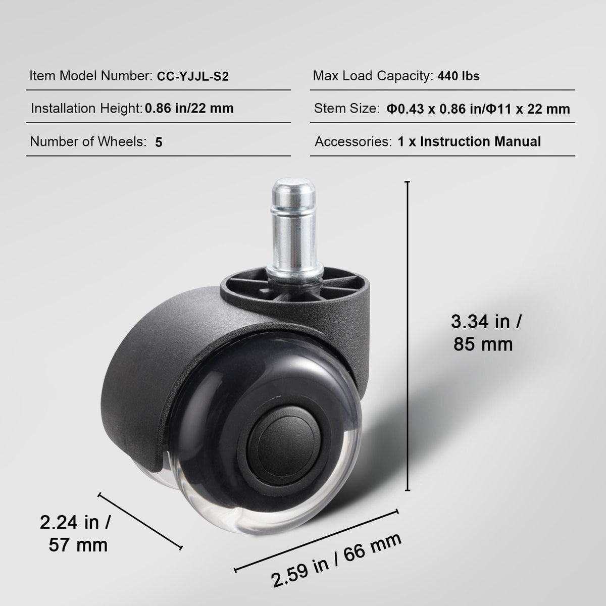 Office Chair Wheels, Set of 5, 2 inch Caster Wheels Replacement for Hardwood Floors and Carpet, Heavy Duty Computer Gaming Desk Casters with Double Wheels, 440 lbs Load Capacity, Universal Fit