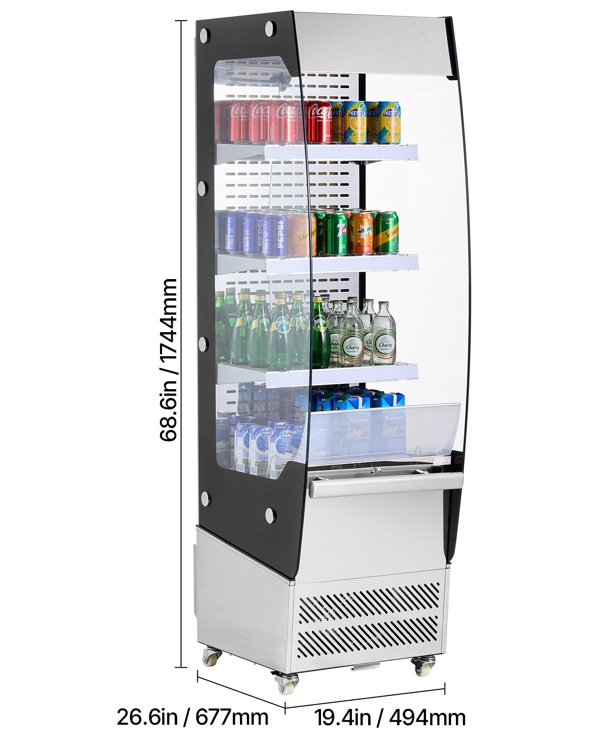Open Air Merchandiser, 3-Tier Shelving Commercial Refrigerator, Grab and Go Display Cooler Refrigerator with Air Curtain, 4 Swivel Wheels, LED Light, for Restaurants, Stores, Office, 7.8cu.ft.