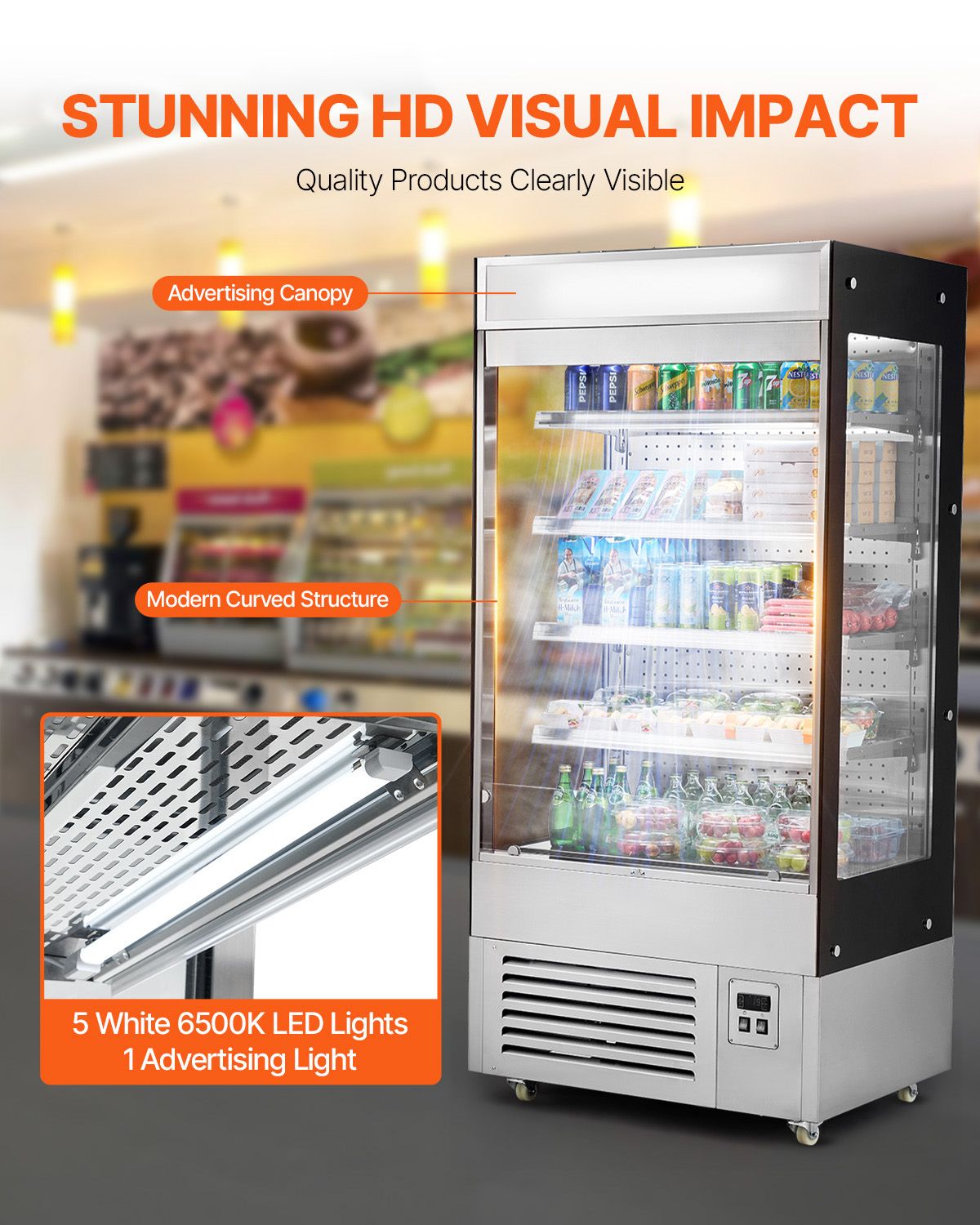 Open Air Merchandiser, 4-Tier Shelving Commercial Refrigerator, Grab and Go Display Cooler Refrigerator with Air Curtain, LED Advertising Light, Fits for Restaurants, Stores, Office, 18.4cu.ft.