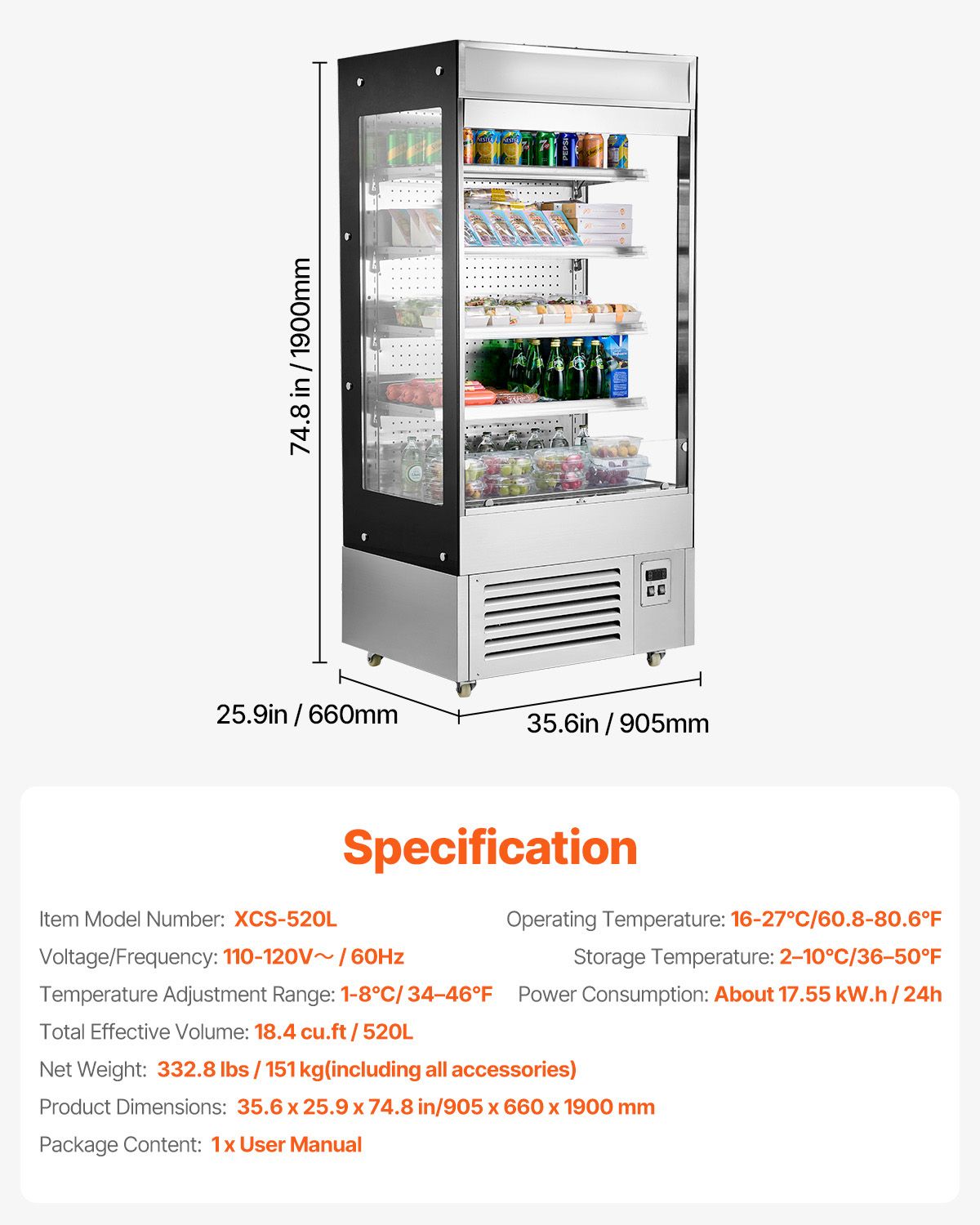 Open Air Merchandiser, 4-Tier Shelving Commercial Refrigerator, Grab and Go Display Cooler Refrigerator with Air Curtain, LED Advertising Light, Fits for Restaurants, Stores, Office, 18.4cu.ft.