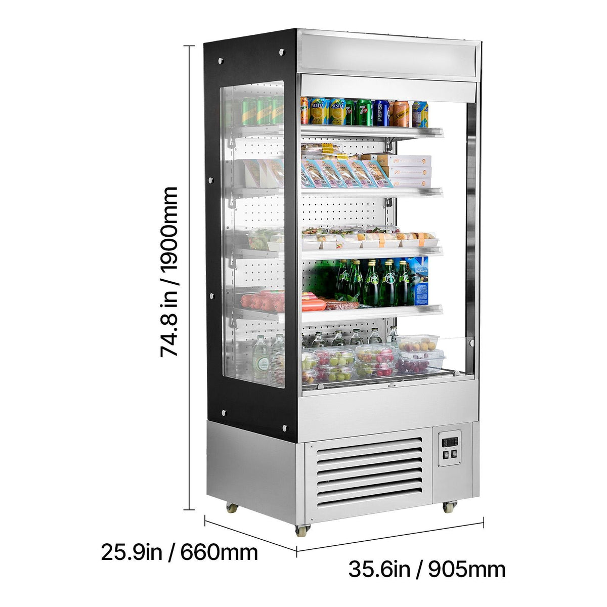 Open Air Merchandiser, 4-Tier Shelving Commercial Refrigerator, Grab and Go Display Cooler Refrigerator with Air Curtain, LED Advertising Light, Fits for Restaurants, Stores, Office, 18.4cu.ft.