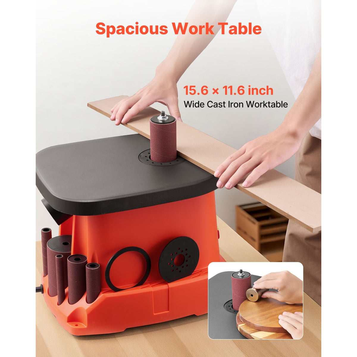 Oscillating Spindle Sander, 2400RPM Benchtop Spindle Sander with 6 Sleeves (1/2"-3"), 5/8" Stroke, 15.6" x 11.6" Cast Iron Worktable for Furniture Finishing, Crafts Sanding, DIY Woodworking