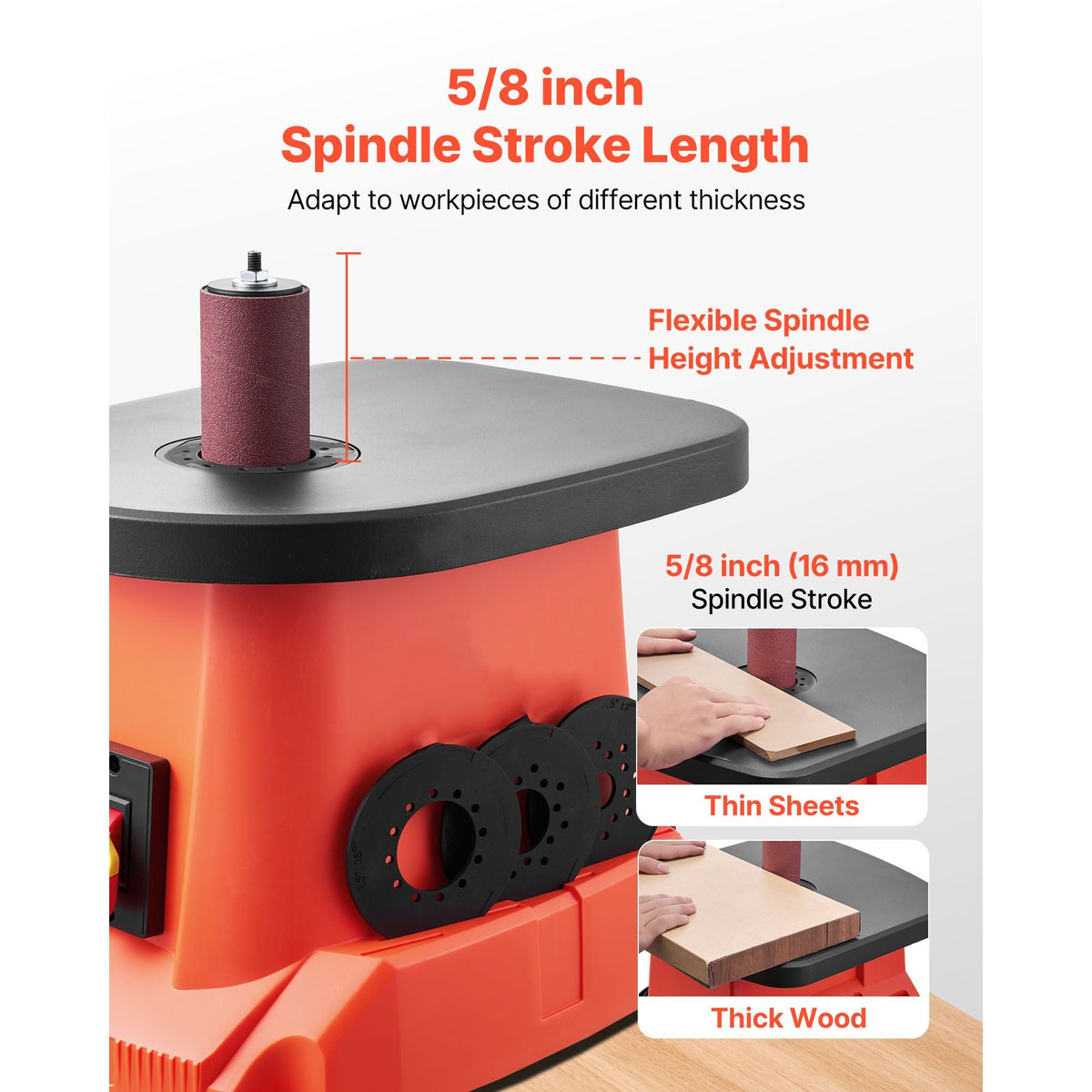 Oscillating Spindle Sander, 2400RPM Benchtop Spindle Sander with 6 Sleeves (1/2"-3"), 5/8" Stroke, 15.6" x 11.6" Cast Iron Worktable for Furniture Finishing, Crafts Sanding, DIY Woodworking