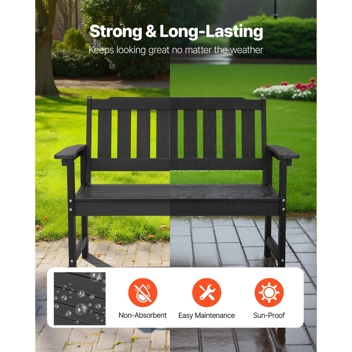 Outdoor Bench, 50.5 inch, 800 lbs Weight Capacity for 2-3 Persons, Weatherproof Plastic Frame with Backrest and Wide Armrests, Outside Bench for Patio, Garden, Park, Yard, Front Porch, Black