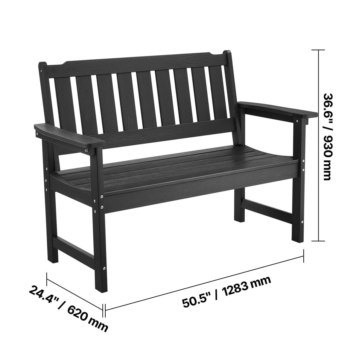 Outdoor Bench, 50.5 inch, 800 lbs Weight Capacity for 2-3 Persons, Weatherproof Plastic Frame with Backrest and Wide Armrests, Outside Bench for Patio, Garden, Park, Yard, Front Porch, Black