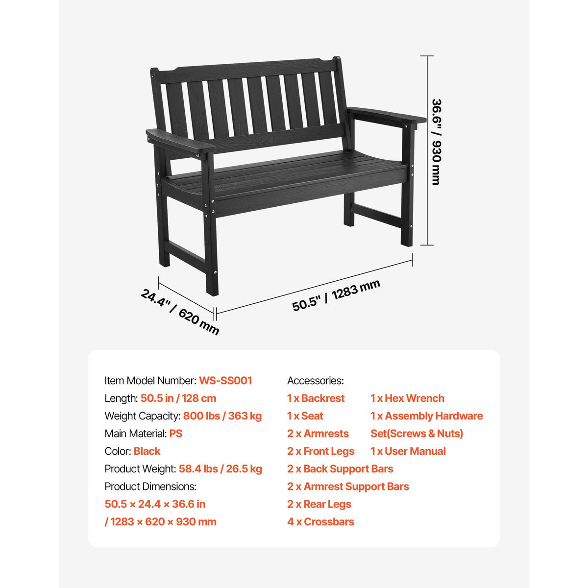 Outdoor Bench, 50.5 inch, 800 lbs Weight Capacity for 2-3 Persons, Weatherproof Plastic Frame with Backrest and Wide Armrests, Outside Bench for Patio, Garden, Park, Yard, Front Porch, Black