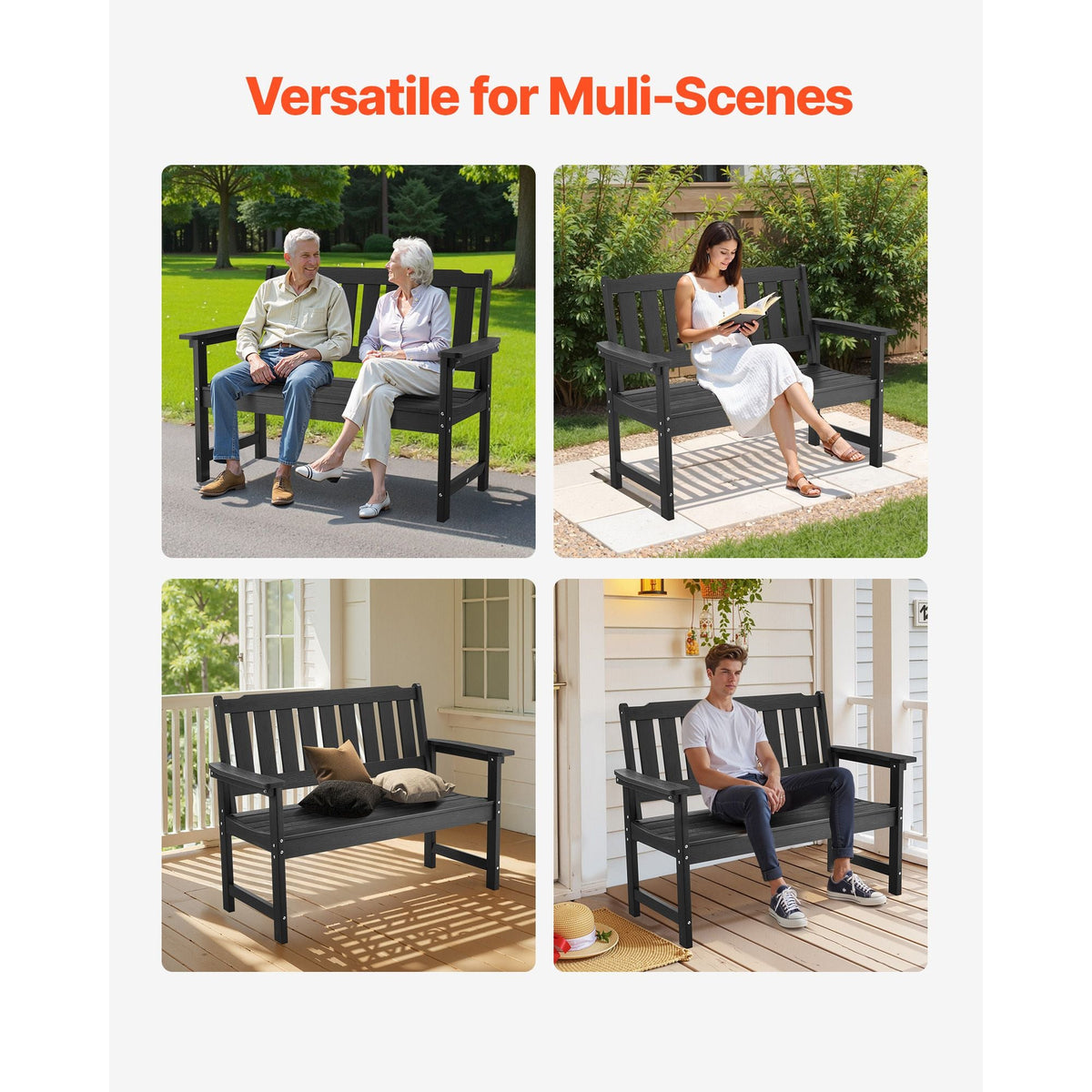 Outdoor Bench, 50.5 inch, 800 lbs Weight Capacity for 2-3 Persons, Weatherproof Plastic Frame with Backrest and Wide Armrests, Outside Bench for Patio, Garden, Park, Yard, Front Porch, Black
