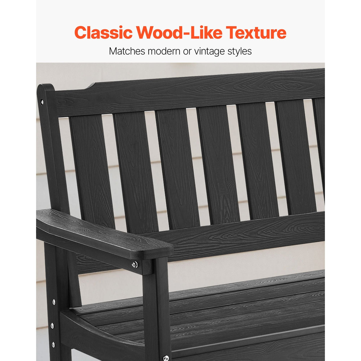 Outdoor Bench, 50.5 inch, 800 lbs Weight Capacity for 2-3 Persons, Weatherproof Plastic Frame with Backrest and Wide Armrests, Outside Bench for Patio, Garden, Park, Yard, Front Porch, Black